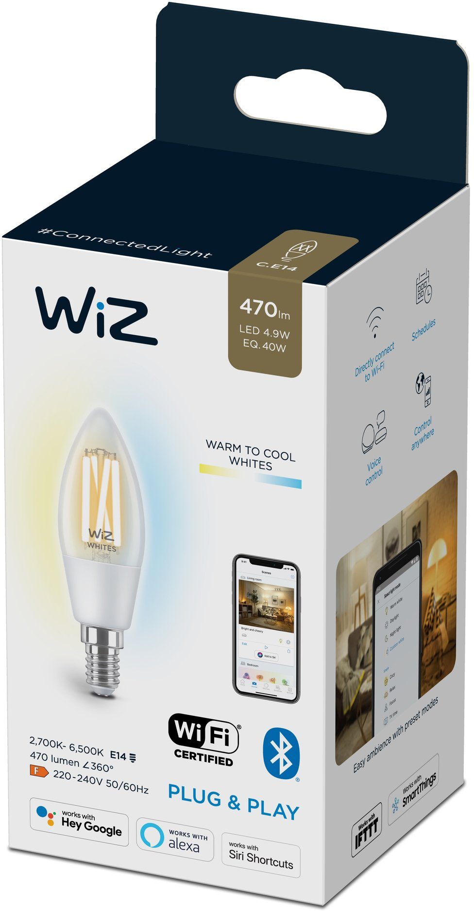 WiZ LED klassisches Kerzenform E14, Tunable Wiz Lampen Warmweiß, LED-Filament für White 1 Filament Clear 40W Vintage-Design Filament St., E14 Einzelpack,