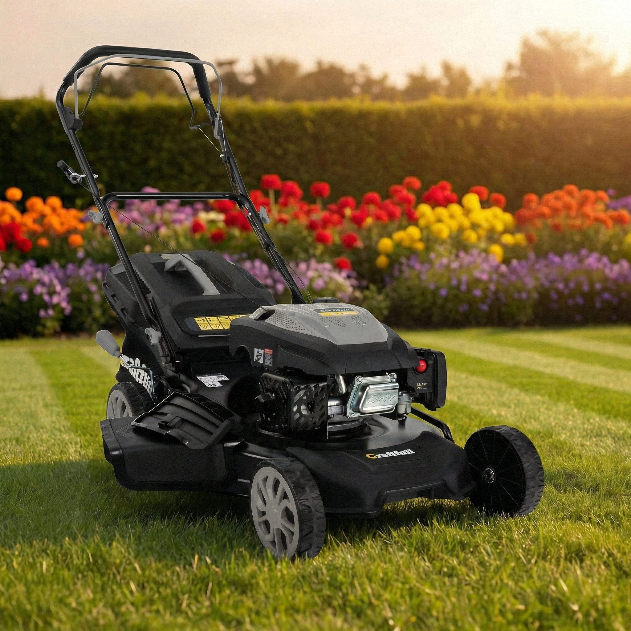 Craftfull Benzinrasenmäher CR-196-30 - 6 PS, 190 cm³ Rasenmäher Benzin 53cm Schnittbreite, 53 cm Schnittbreite, (Benzinrasenmäher mit Seitenauswurf, Benzin Mäher, Benzin Rasenmäher), Benzin Rasenmäher mit Selbstantrieb