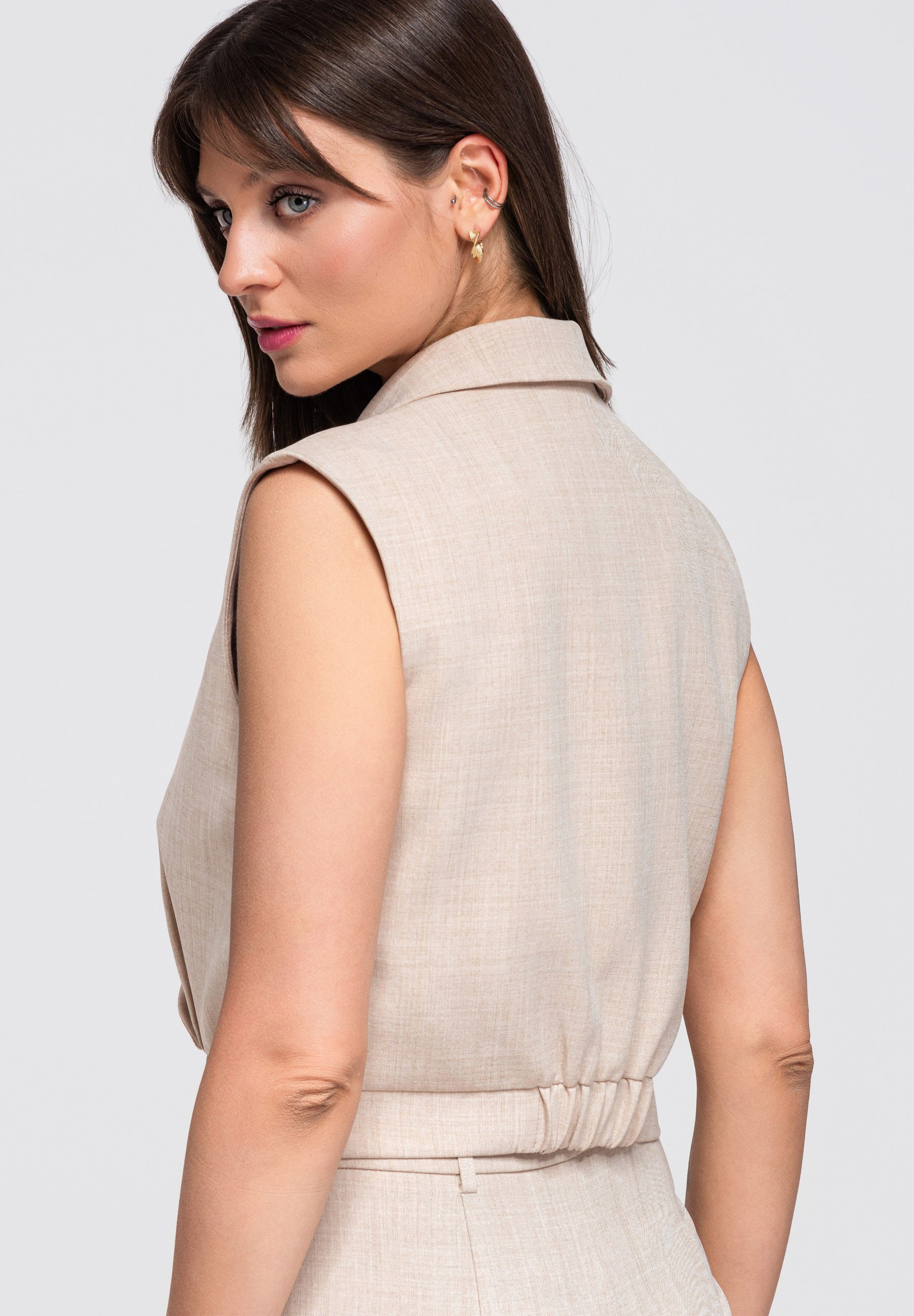 OMBRE Anzugweste Damen Anzugweste mit V-Ausschnitt und Gürtel Beige S (kein Set, 1-tlg)
