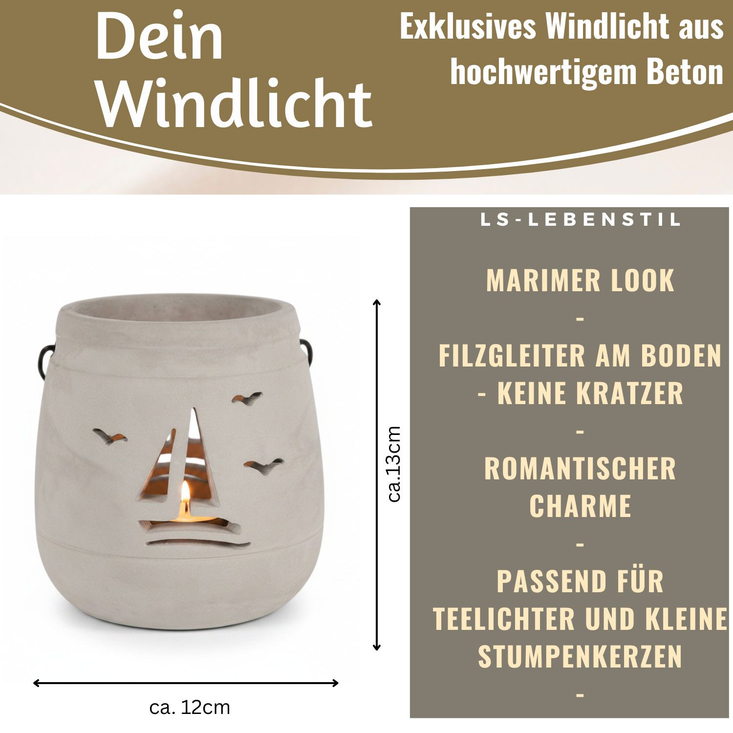 LS-LebenStil Windlicht Beton Segelboot 13cm Shabby Grau Maritim Teelichthalter Kerzenhalter (1 St., Kerzenhalter / Laterne mit Henkel, Tischdeko, Maritime outdoor Deko), Gartenlaterne für draußen, Sommerdeko, Kerzenständer Geschenk