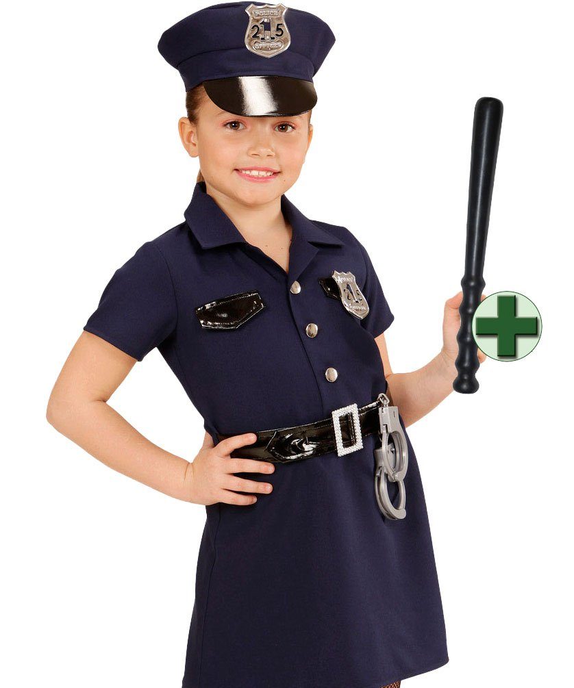 Karneval-Klamotten Polizei-Kostüm Polizistin Kostüm Mädchen blau mit Polizeistock, Kinderkostüm Komplett Polizei mit Mütze und Zubehör Faschingskostüm