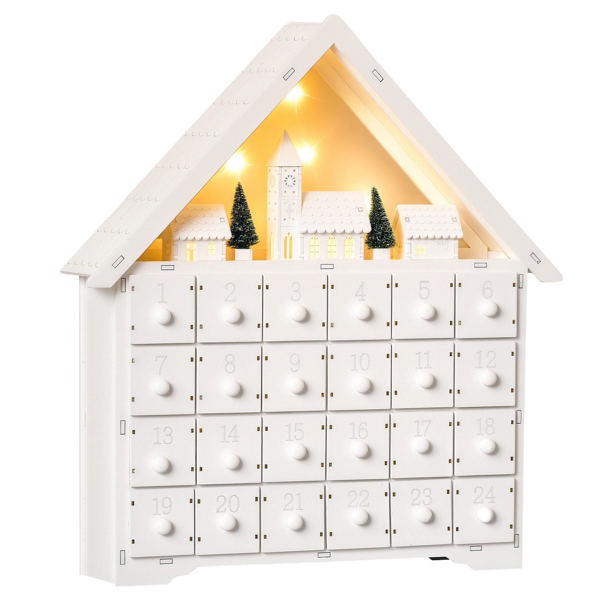 HOMCOM Weihnachtsdorf Adventskalender 24 Schubladen LED-Lichtern Weihnachtskalender, DIY Sperrholz-Platte Weiß 39 x 9 x 42 cm