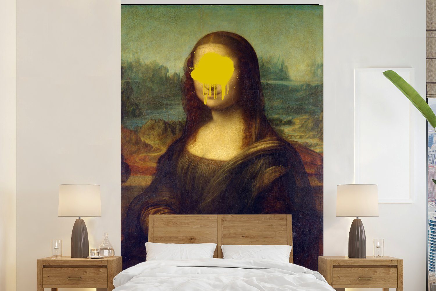 MuchoWow Fototapete Mona Lisa - Leonardo da Vinci - Gelb, Matt, bedruckt, (3 St), Montagefertig Vinyl Tapete für Wohnzimmer, Wandtapete