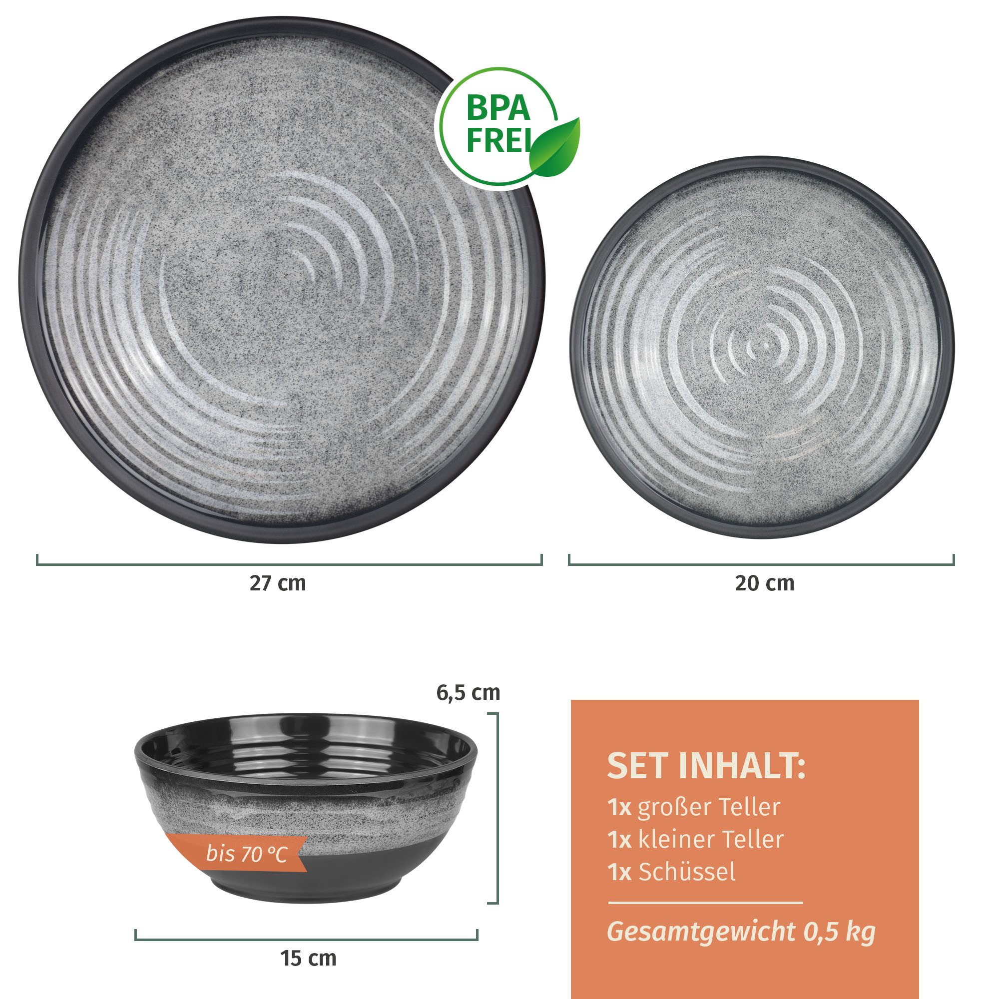 Moritz Geschirr-Set Camping Geschirr Stone Grey 3-teilig