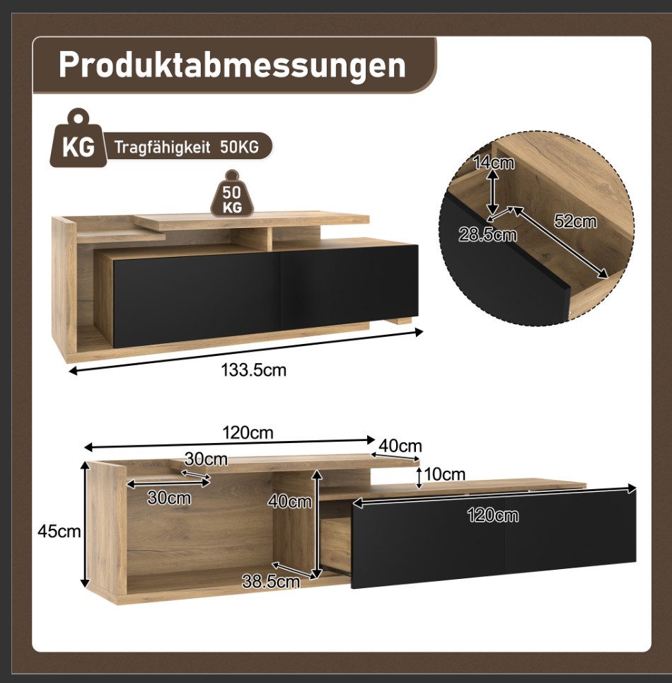 LVHOM TV-Schrank Modular 2-in-1, LED, großer Stauraum, ausziehbar bis 2m, 90° drehbar (Offener Stauraum+2 Schubladen, extravagant Stauraum, verschiebbarer TV-Schrank, rechter Schrankkörper frei positionierbar: verlängern oder L-Form, Tragkraft 50kg. Naturholz/Schwarz, LED dimmbar) Für Ecklösungen, vielseitig als Raumteiler im Wohnbereich, Sideboard