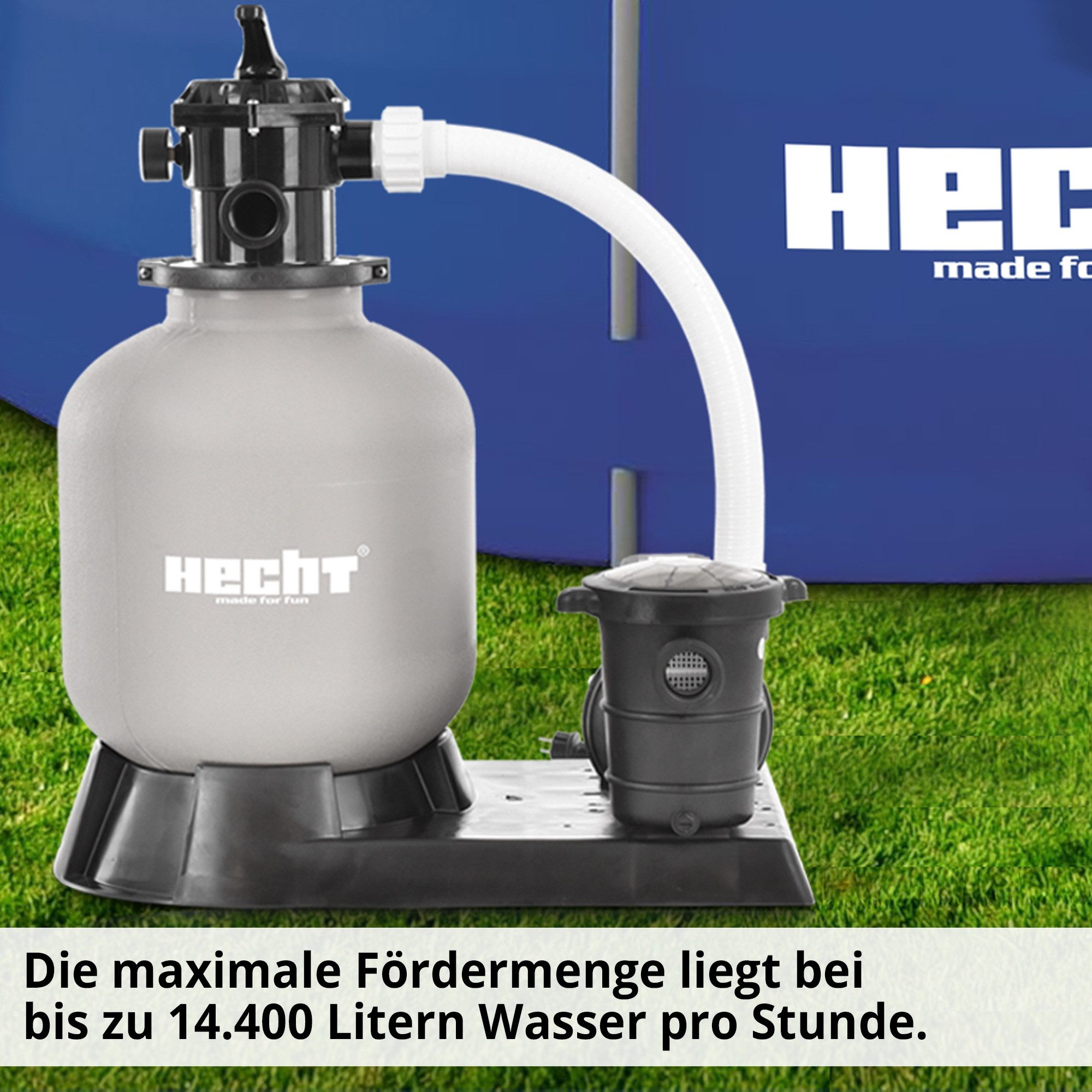 Hecht Sandfilteranlage 302016 Poolfilter mit Pumpe 14.400 l/h 45 kg Kessel (1 St), Rückspülfunktion, Manometer, feiner Quarzsand