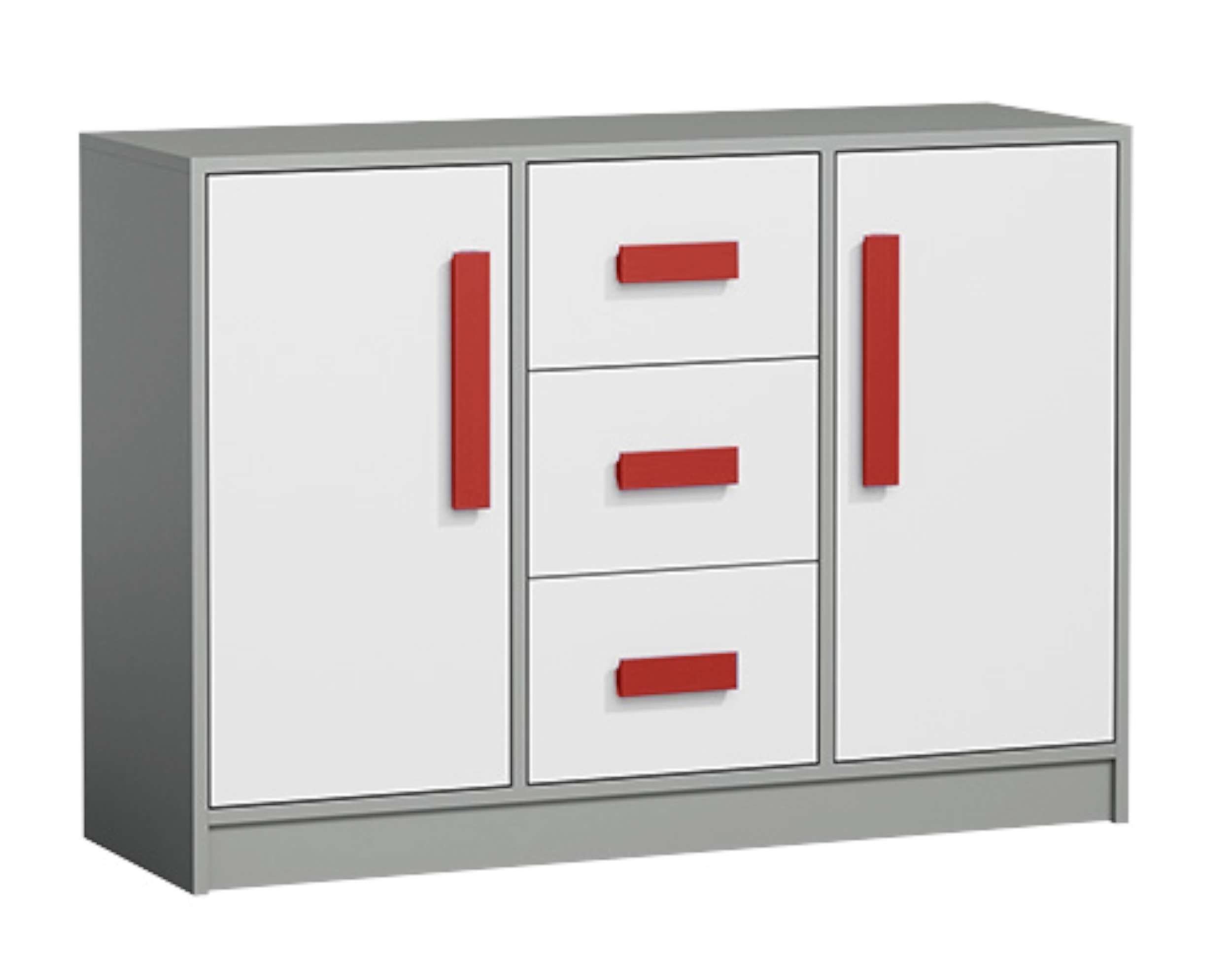 Schubladen, Rot - Modern Kinder Gael für Weiß (Sideboard, mit Standschrank) Grau Vollauszug, - Design, Kinderkleiderschrank Stylefy II