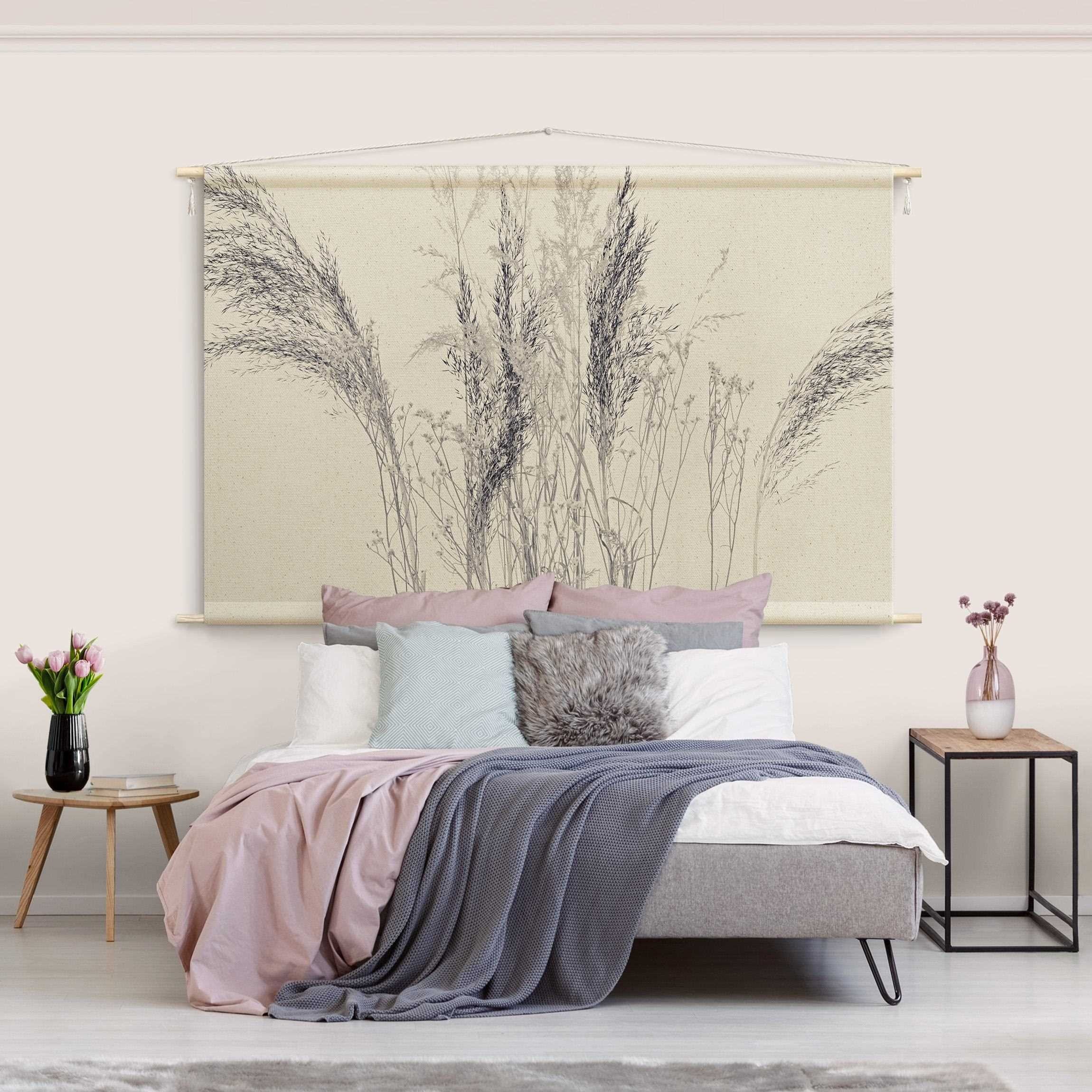 Bilderdepot24 Wandteppich modern Landhaus Gräser grau, rechteckig, Höhe: 2.6 mm, großes Wandbild aus Natur-Baumwolle Wandbehang Stoffbild Tuch Wollseil