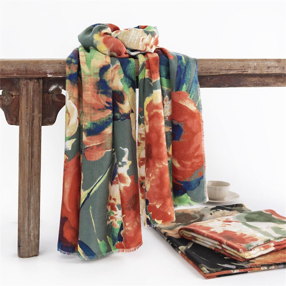 DÖRÖY Modeschal Damen Winter Retro-Druck Schal, modische Anti-Kälte warmen Schal grün