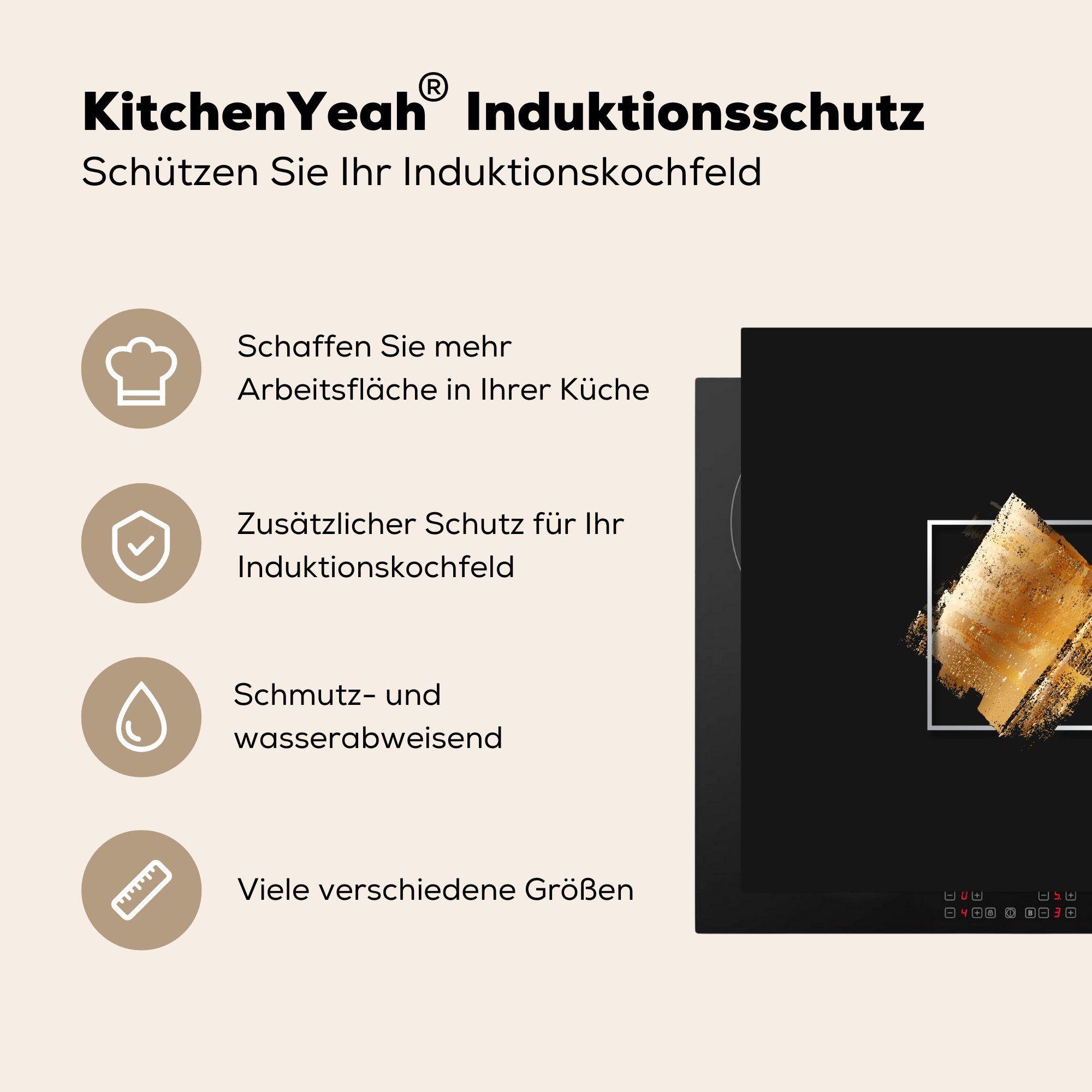 MuchoWow Herdblende-/Abdeckplatte Goldene Vinyl, tlg), (1 Farbstreifen für 78x78 cm, Arbeitsplatte Ceranfeldabdeckung, auf küche schwarzem Hintergrund