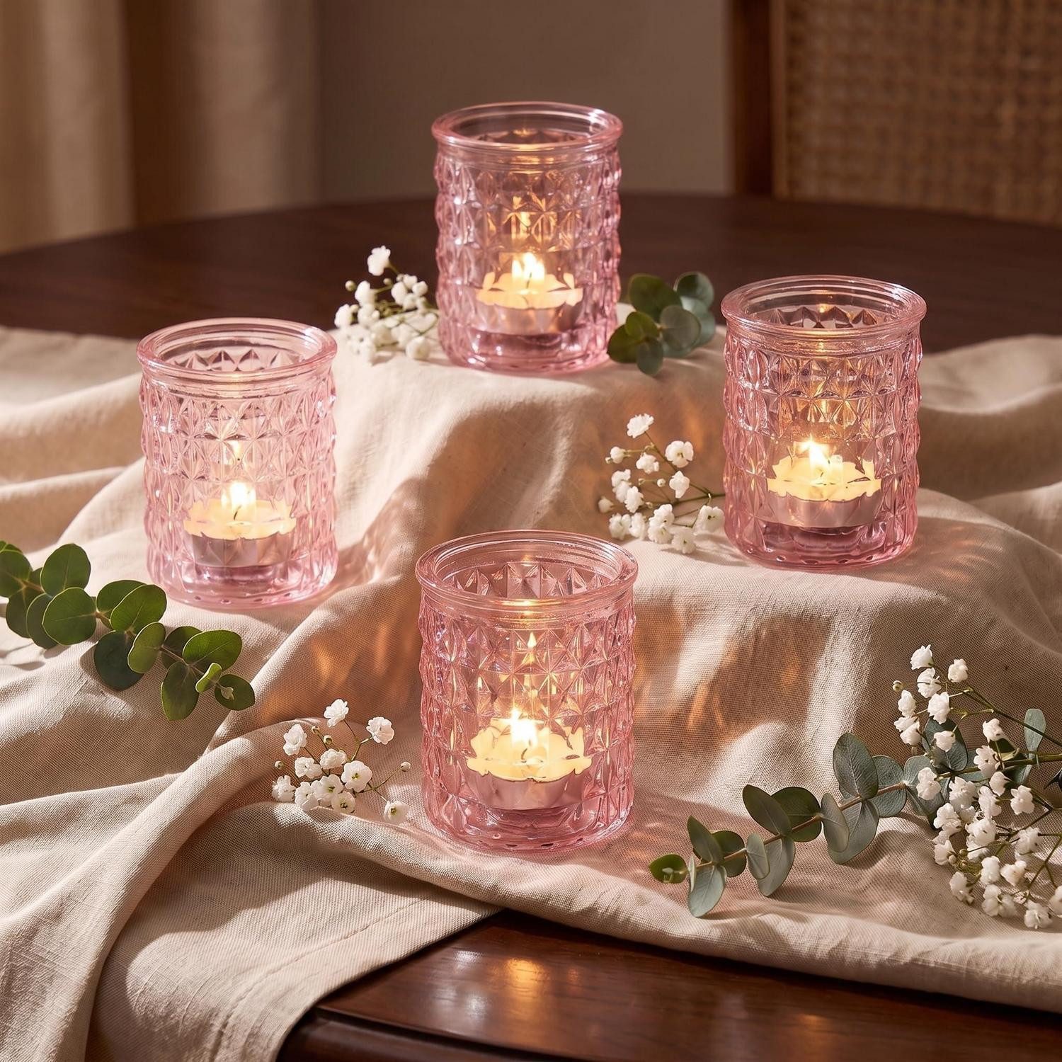 LuxusKollektion Teelichthalter Teelichthalter Glas Rosa 12er Set Höhe 6,7cm