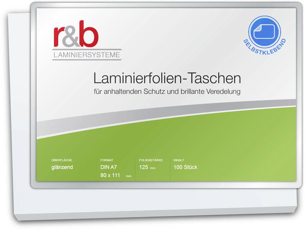 r&b Laminiersysteme Laminierfolie r&b Laminierfolie, glänzend, mit selbstklebender Rückseite, A7, glänzend, 100 St., Selbstklebend, glänzend, transparent, wasserabweisend, formstabil