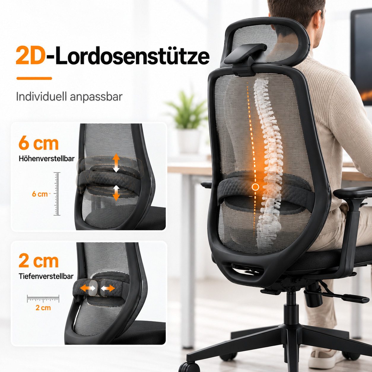 ProtoArc Bürostuhl EC200 Bürostuhl mit Sitztiefenverstellung, 33–43 cm, Mesh, 5-stufige Einstellung der Sitztiefe – Bild 5 von 5