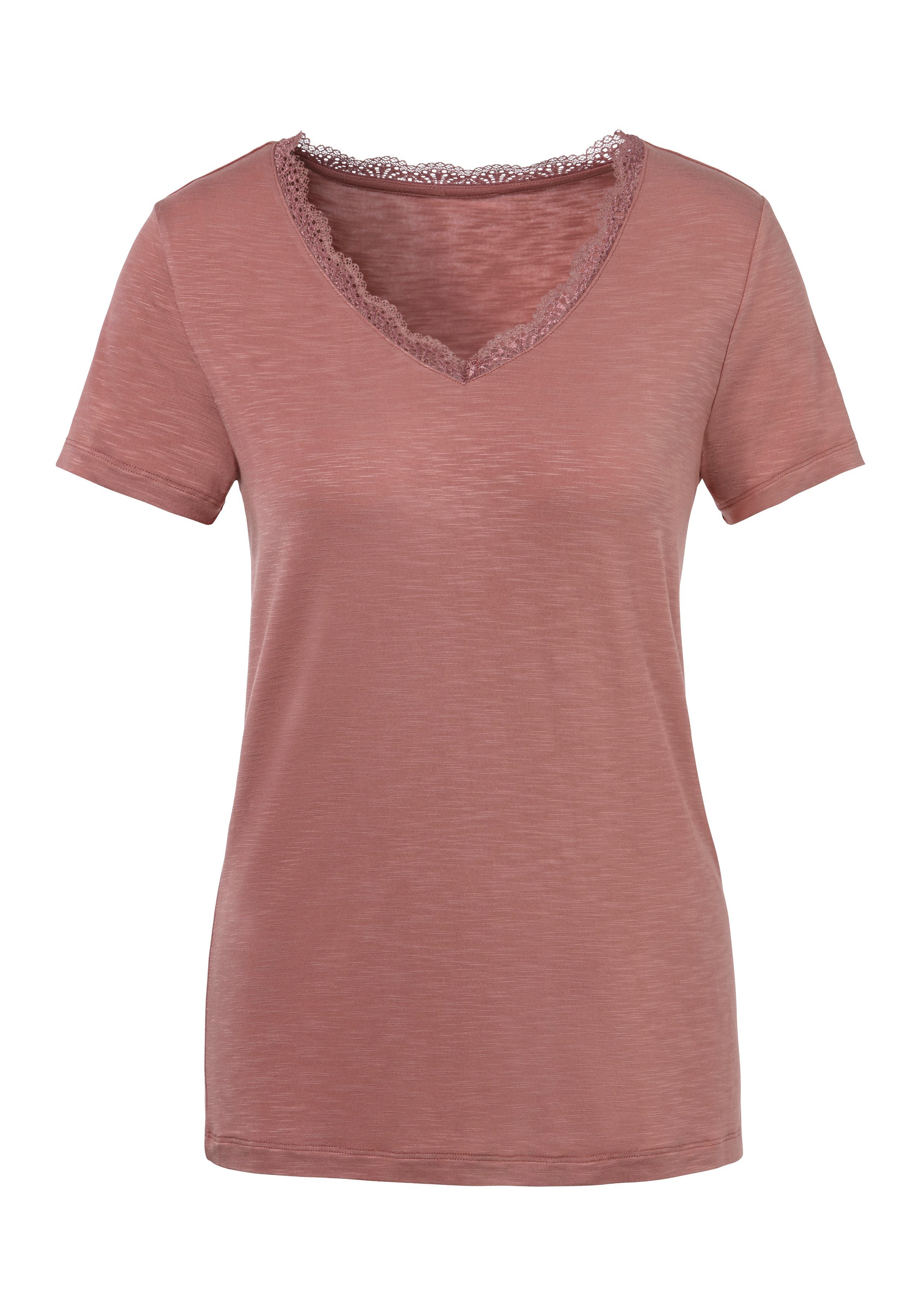 LASCANA T-Shirt (Packung, 2-tlg) mit am rose zarter Ausschnitt aubergine, Spitze