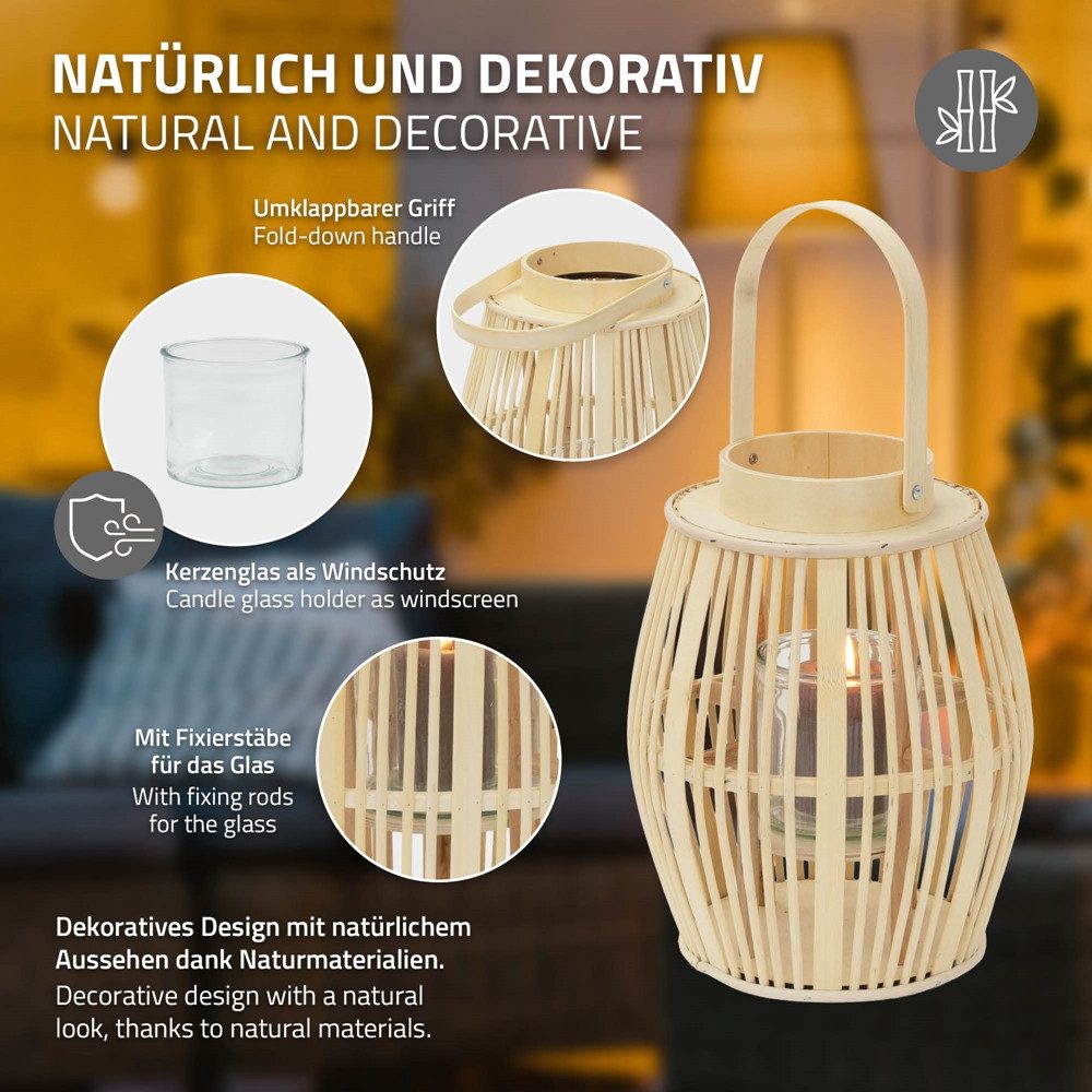 ECD Germany Kerzenlaterne Boho Bambus Laterne Windlicht Holzfarbe Gartenlaterne Kerzenhalter, Deko Laterne H:44 cm mit Henkel & Glaseinsatz für Terrasse Wohnzimmer