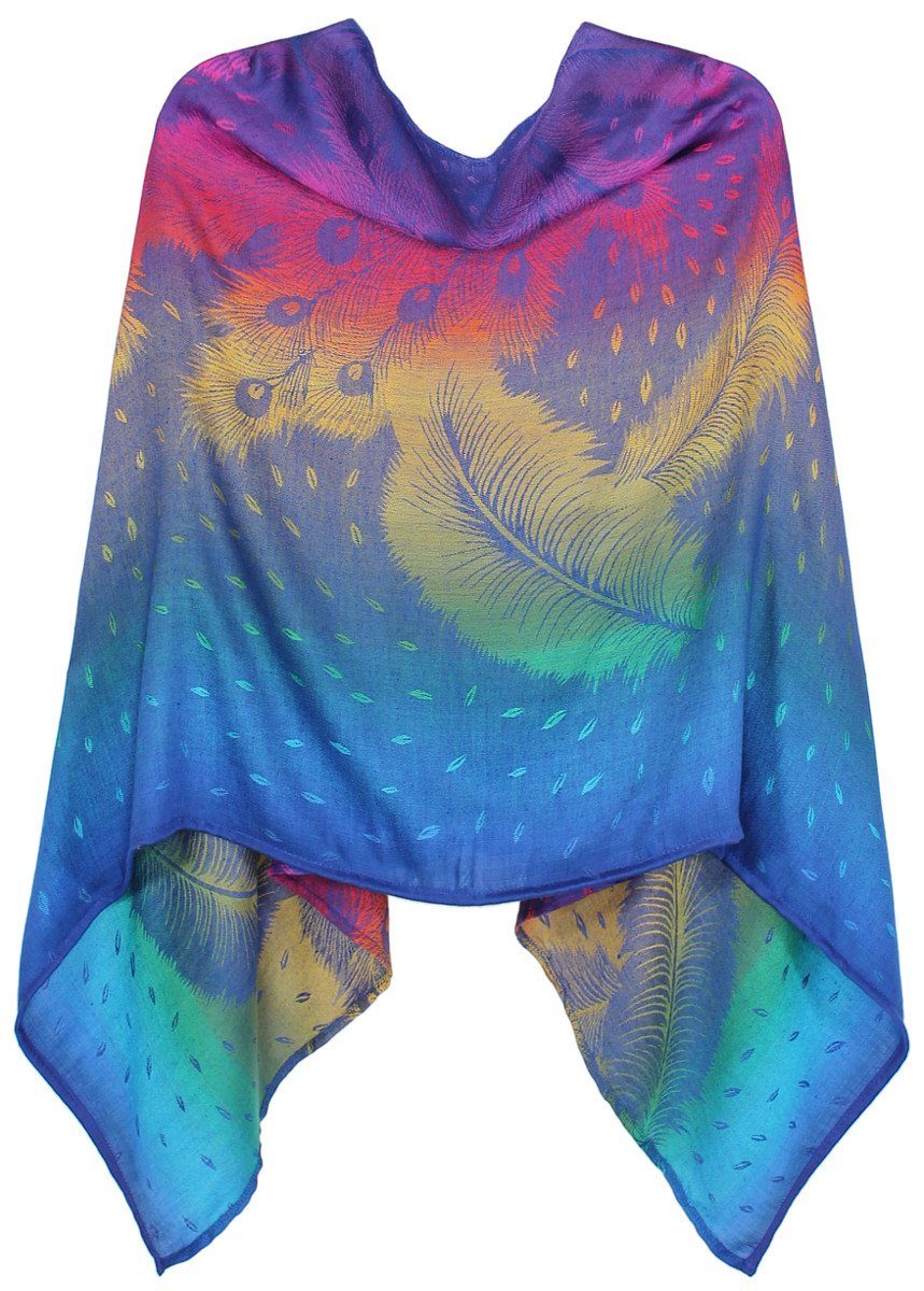 dy_mode Blusenponcho Regenbogen Farben Damen Poncho Leichtes Cape Bunter Blusenponcho in Regenbogen Farben, allover Print, Federn Muster