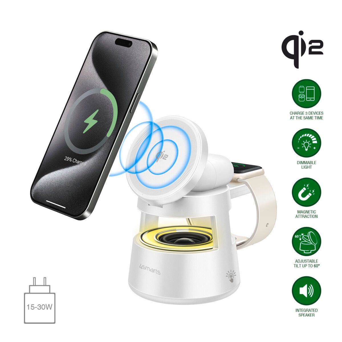 4smarts 4smarts Qi2 Ladestation Aura Sound weiß Akku-Ladestation (mit Sound und Beleuchtung)