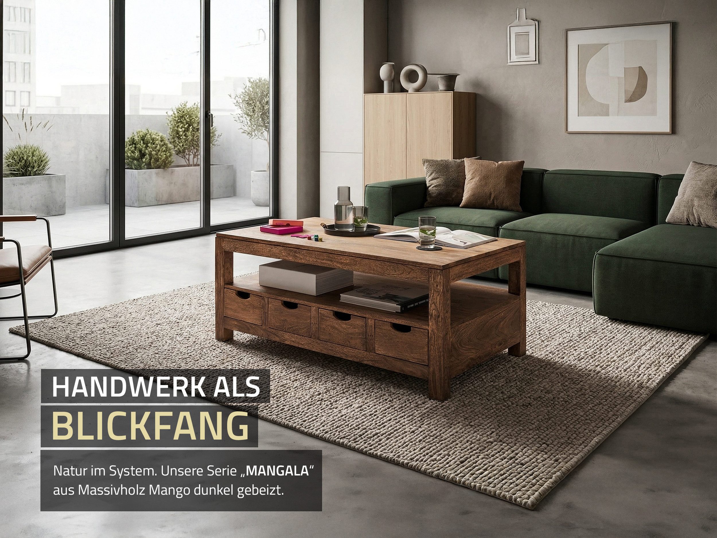 Massivart® Couchtisch Wohnzimmertisch, B 120 cm, Massivholz Mango dunkel gebeizt »MANGALA«, montiert · 4 Schubladen · 1 offenes Ablagefach · viel Stauraum