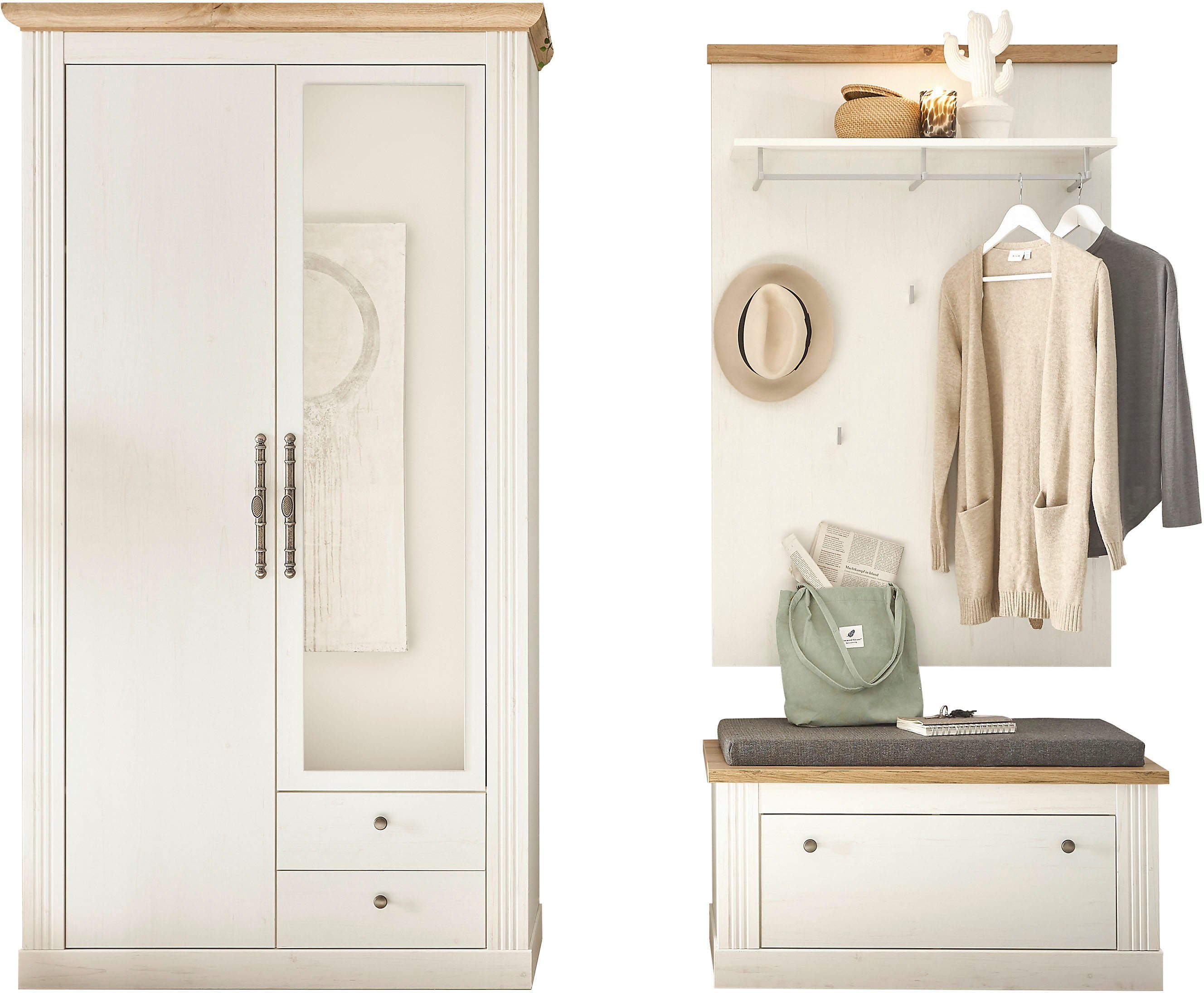 Home affaire Garderoben-Set WESTMINSTER TOPSELLER!, (3-St., Schuhbank, Paneel, Garderobenschrank), im romantischen Landhausstil