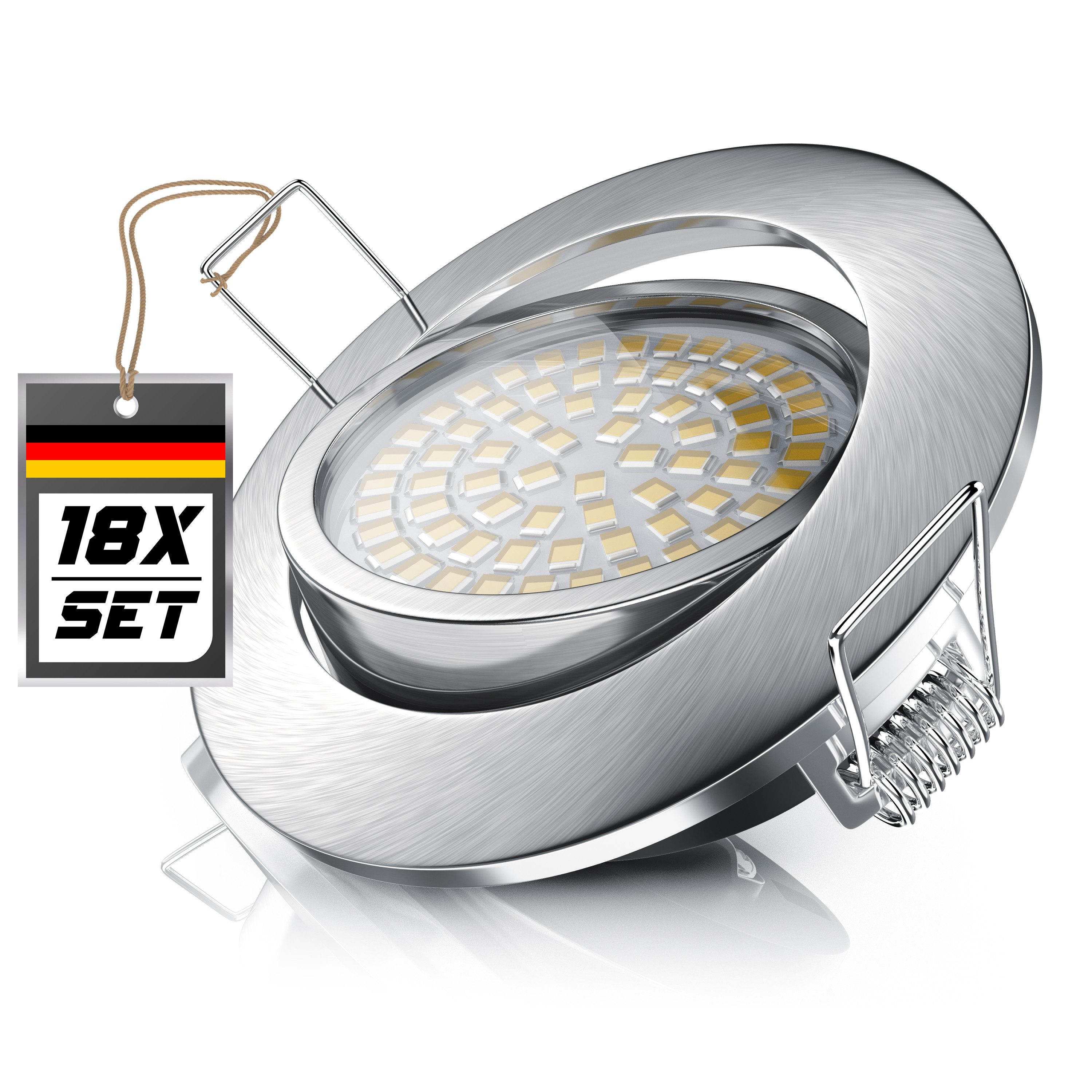 Brandson LED Einbaustrahler 18er Set LED Einbaustrahler Deckenspots dimmbar Alu-Rahmen, Dimmfunktion; Schwenkmechanismus, LED fest integriert, warmweiß, Einbauleuchte / Spots ultra flach, Abstrahlwinkel 120 Grad, 6er Set