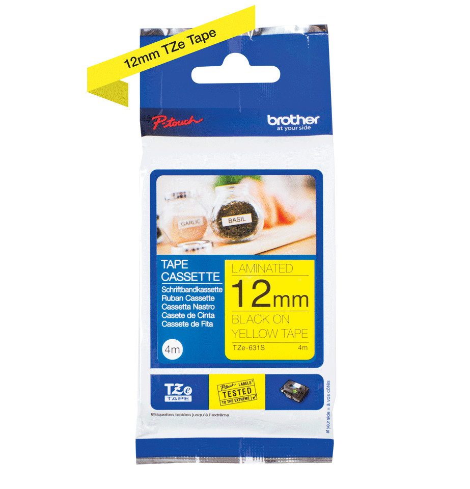 Brother Schriftband TZe-631S (lam) Schwarz auf Gelb 12mm Tintenpatrone
