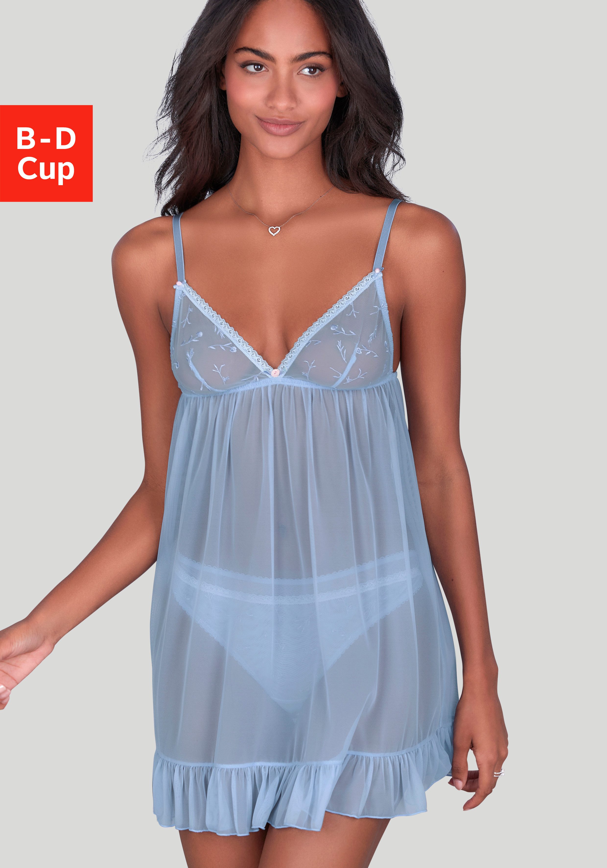 Vivance by Lascana Negligé Thea aus transparentem Soft-Mesh mit Blumen aus Stickereispitze, Reizwäsche