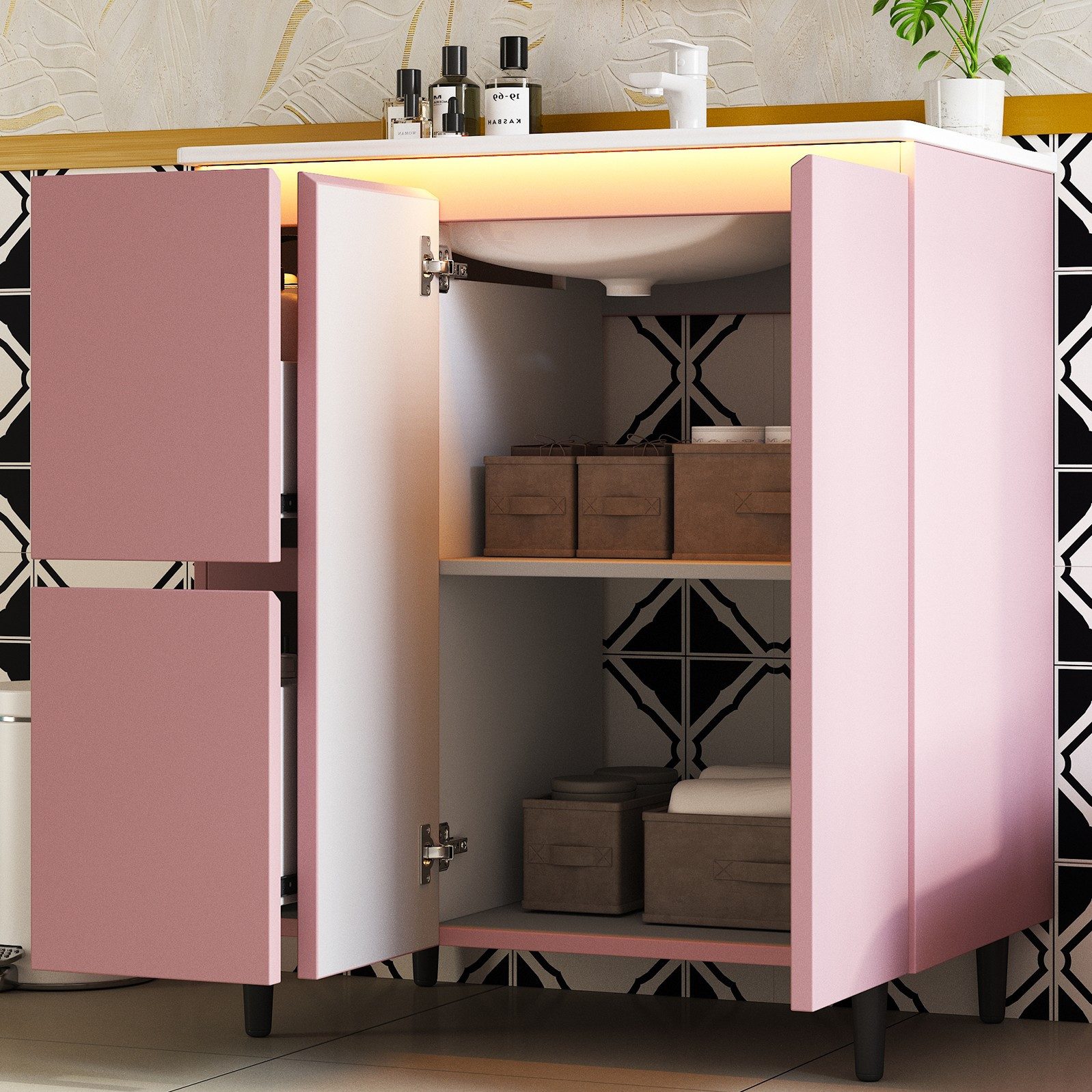 Odikalo Waschbecken Waschbeckenunterschrank Badmöbel Badkommode mit Schubladen (freistehender Badezimmerwaschtisch komplett lackierte Oberfläche integriertes Keramikbecken Soft-Close-Scharniere zwei Schubladen hohes Fußdesign)
