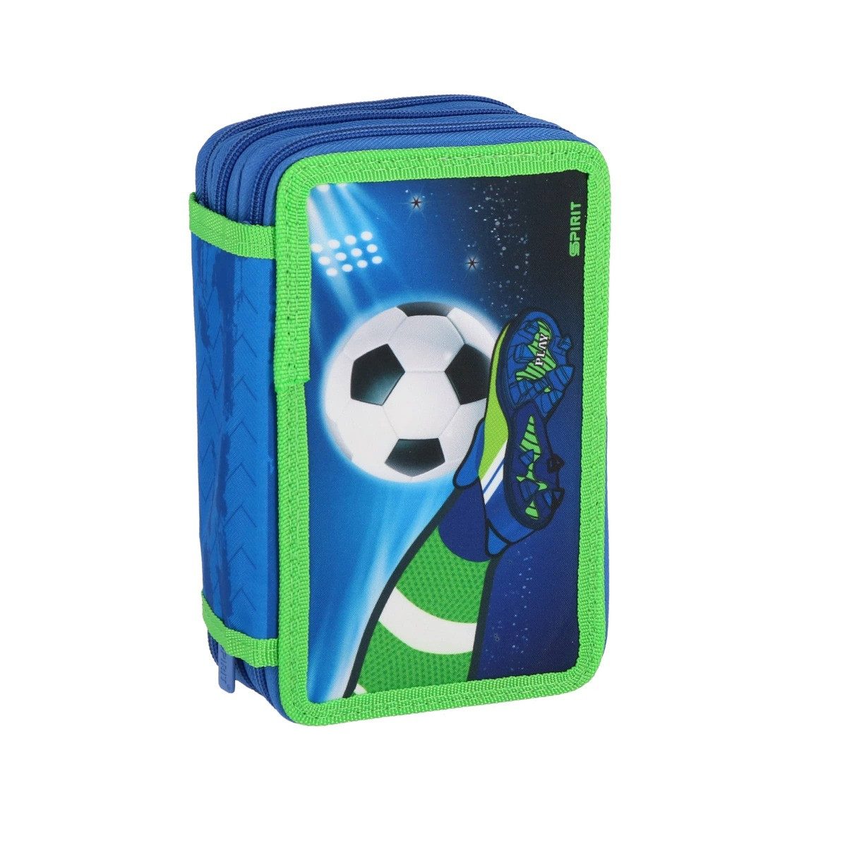 Spirit Federmäppchen SPIRIT Schüler Etui 28 teilig gefüllt 3-Zipper Mäppchen FUSSBALL blau