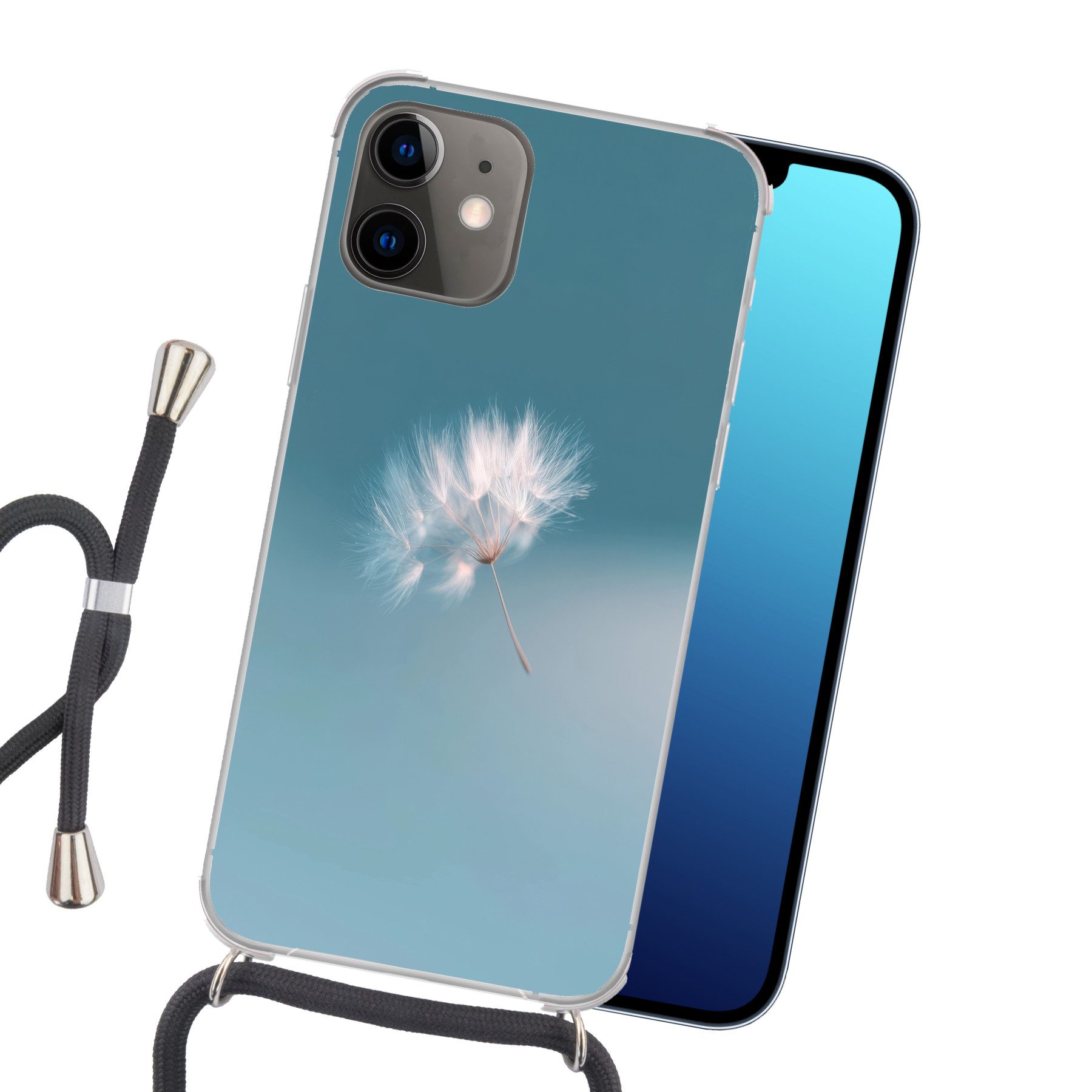 MuchoWow Handyhülle für Apple iPhone 12 Löwenzahnflaum - Blau - Luft, Tragbare Handyhüllen mit Kette zum umhängen, Handykette Handyband