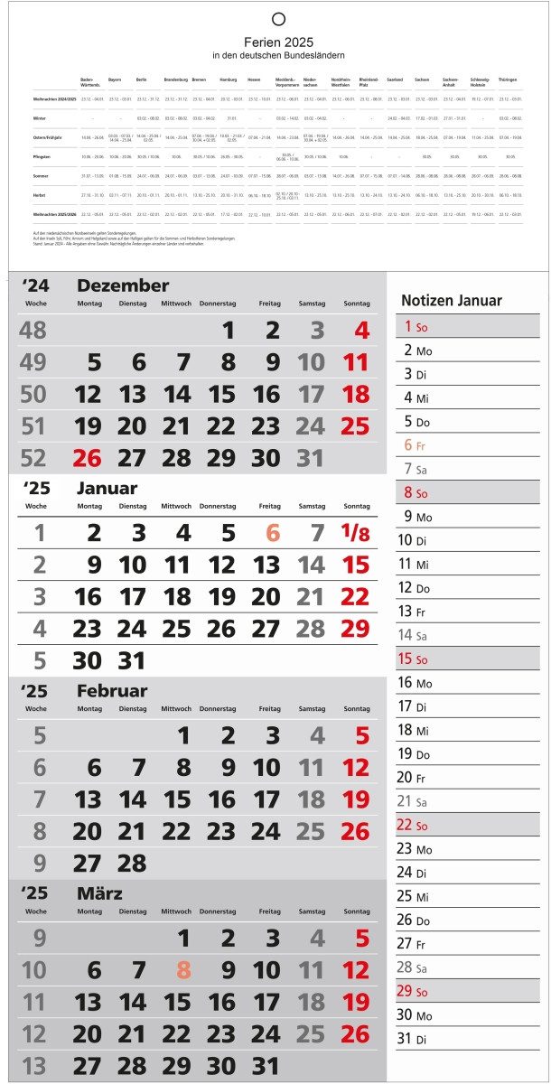 GÜSS Календари Настенный календарь 4-Monatskalender 30x53cm 2-farbig Kalendarium 2026