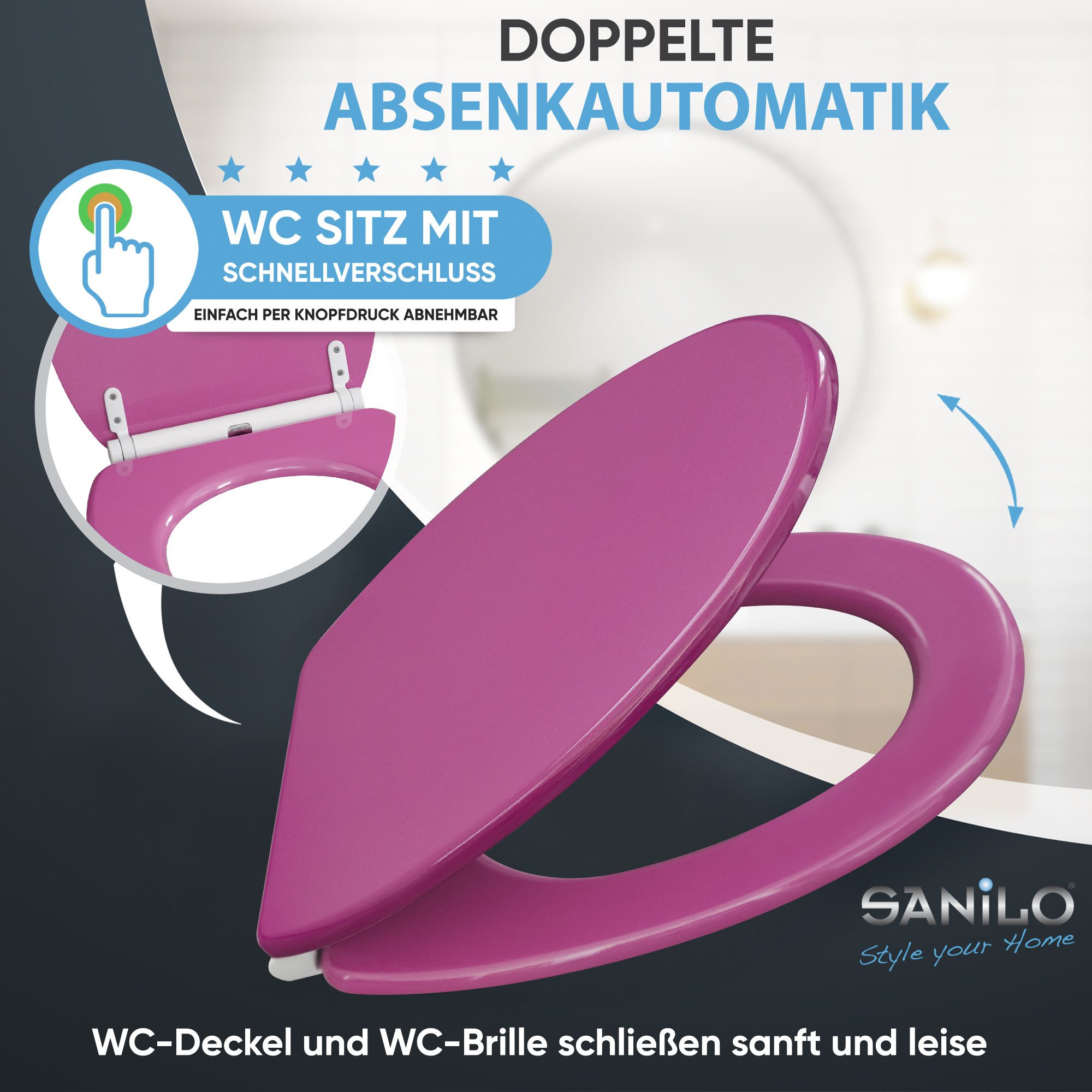 Sanilo WC-Sitz Glitzer mit Absenkautomatik & Quick Release, Premium Toilettendeckel, abnehmbar, leichte Montage von oben
