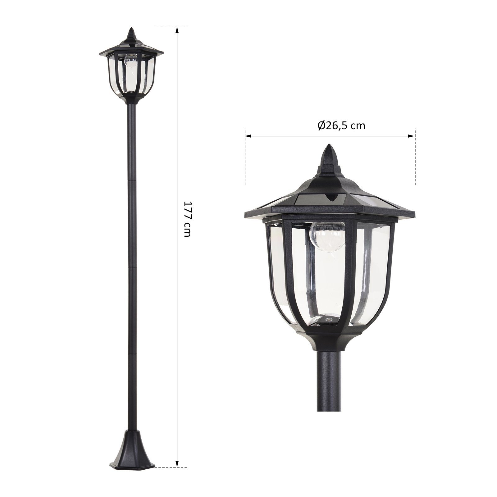 Outsunny Außen-Stehlampe Gartenlaterne, Laterne, Gartenleuchte, 30/60 Lumen, Kunststoff Schwarz, Solarbetrieb, wasserdicht, LED fest integriert, Weiß, Ø26.5 x H177 cm