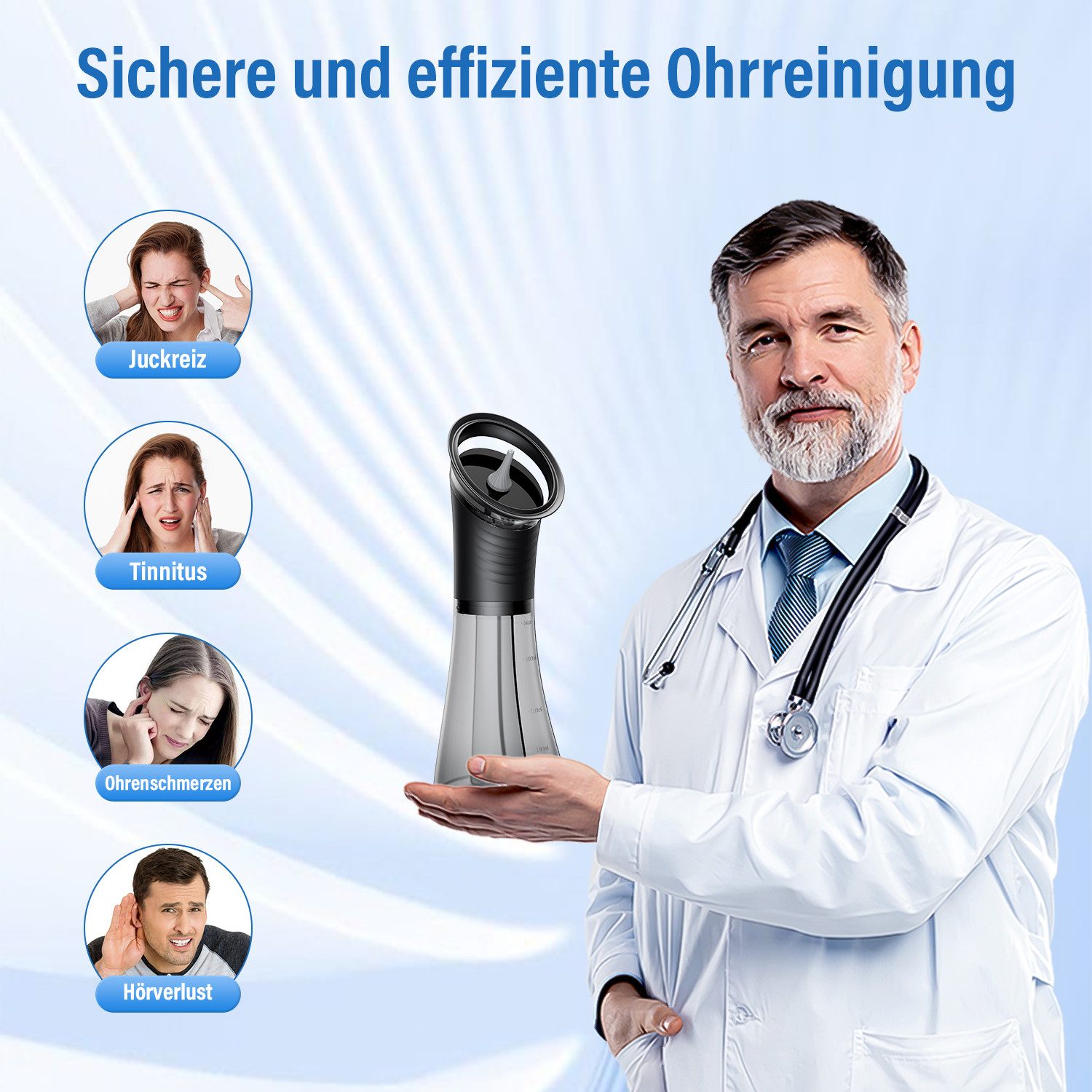 AIBISTAR Ohrenreiniger Elektrischer Ohrenreiniger 2 in 1 Tank IPX7 3 Stufen wiederaufladbar, Set 15-tlg., 12 Düsenaufsätze,3 einstellbare Druckstufen,2 in 1 Wassertanksystem, 2000 mAh,geeignet bei Juckreiz, Tinnitus, Ohrenschmerzen, Hörverlust
