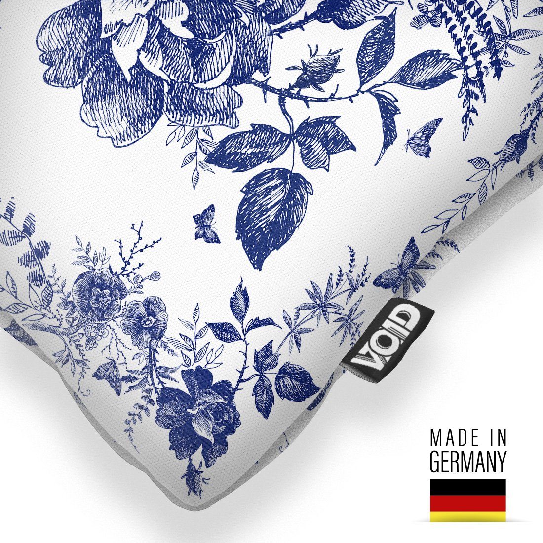 Rosen Landhaus VOID Natur Weiss (1 klassisch Dekoration Blumen Sofa-Kissen Fliesen Pflanzen Vögel Tiere Stil Balkon Stück), Kissenbezug, Blüten Garten Blau