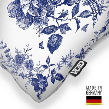 Kissenbezug, VOID (1 Stück), Sofa-Kissen Fliesen Blau Weiss Dekoration Landhaus Stil Rosen Blumen Blüten Garten Balkon klassisch Vögel Tiere Natur Pflanzen