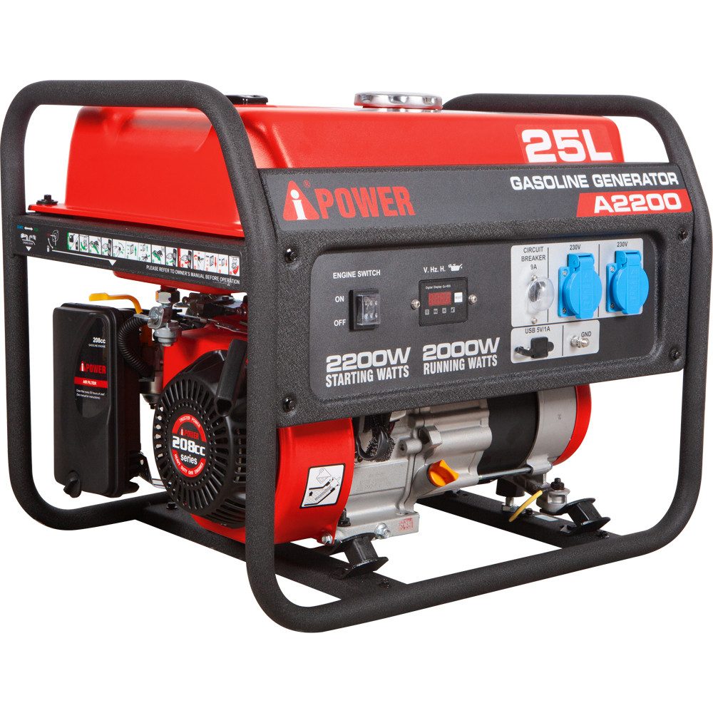 A-iPower Stromerzeuger A2200, 2,2 in kW, (Benzin Stromgenerator Generator Notstromaggregat 4-Takt Motor Stromerzeuger Generator), mit 230V Steckdosen und USB