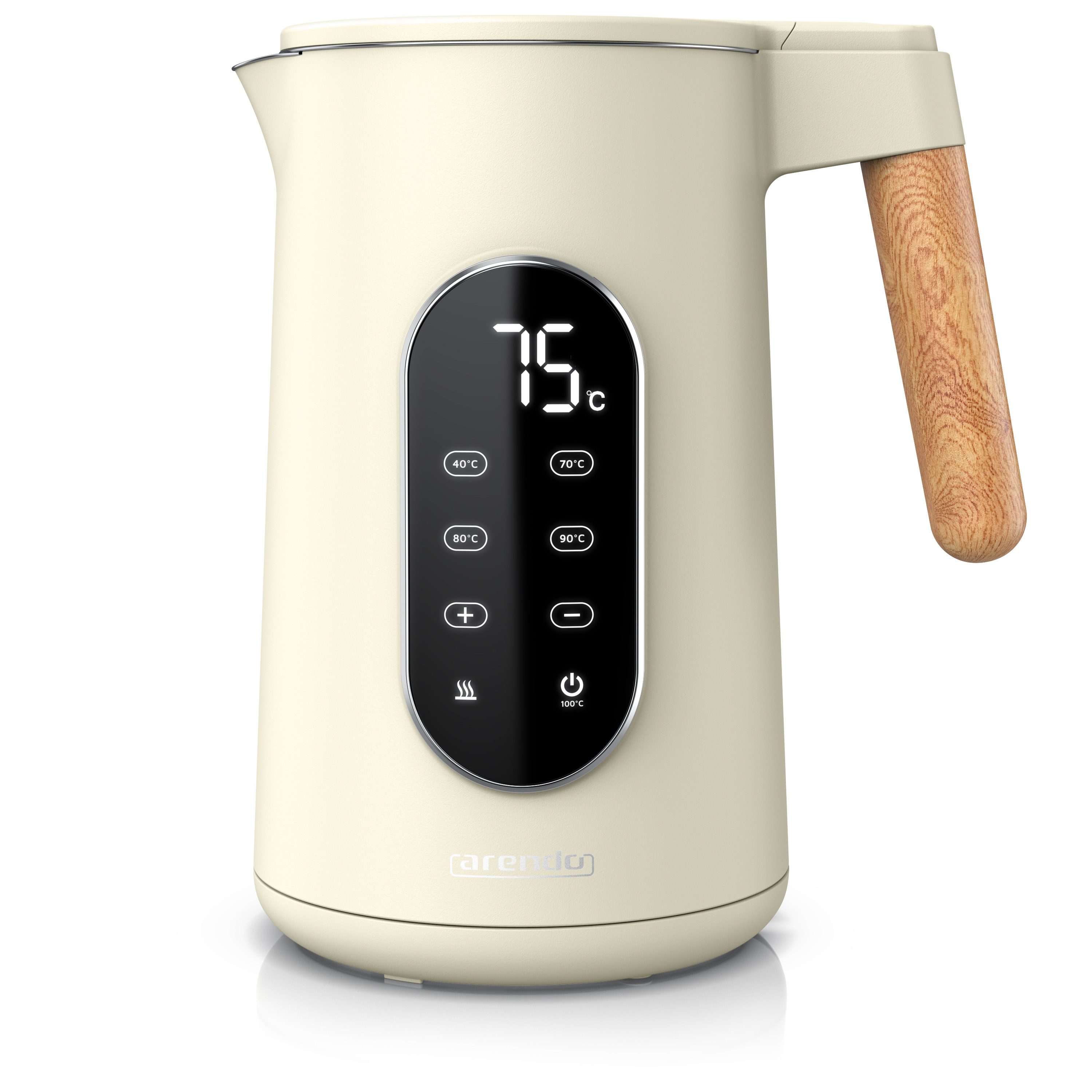 Arendo Wasserkocher Edelstahl, Doppelwand, Temperatureinstellung 40° - 100 °C mit Anzeige, 1,7 l, 2200 W, LED-Display, 5 Direktwahltemperaturen, Holzoptik-Griff, BPA-frei