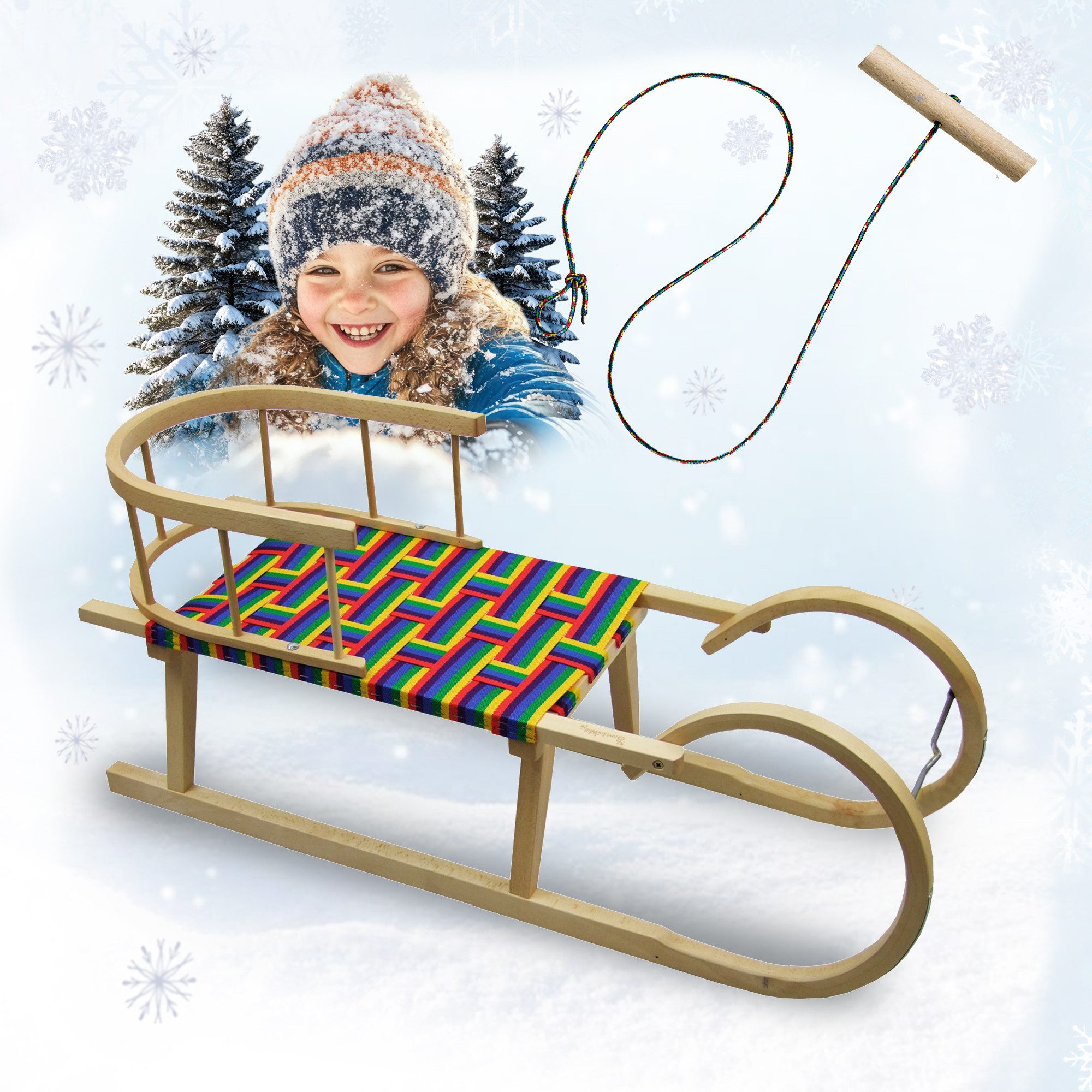 BambiniWelt by Rafael K. Санки CE-Hörnerrodel Деревянные санки Hornschlitten mit Rückenlehne + Seil bunt