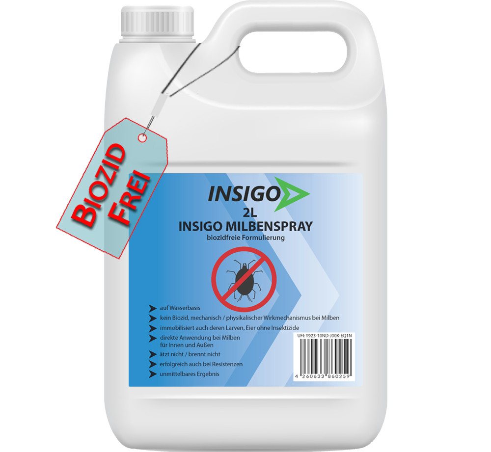INSIGO Insektenspray Anti Milben-Spray Milben-Mittel Ungezieferspray, 2 l, biozidfreie Formel, auf Wasserbasis, geruchsarm, brennt / ätzt nicht