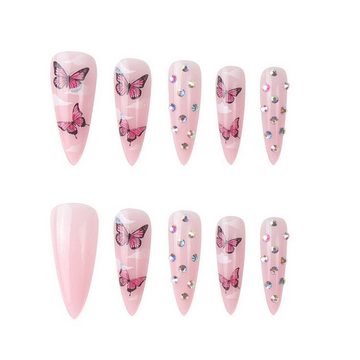 YRIIOMO Kunstfingernägel Lange spitze Nägel, Schmetterlingswolken, durchbohrte Nägel, Nagelaufkleber und Maniküre