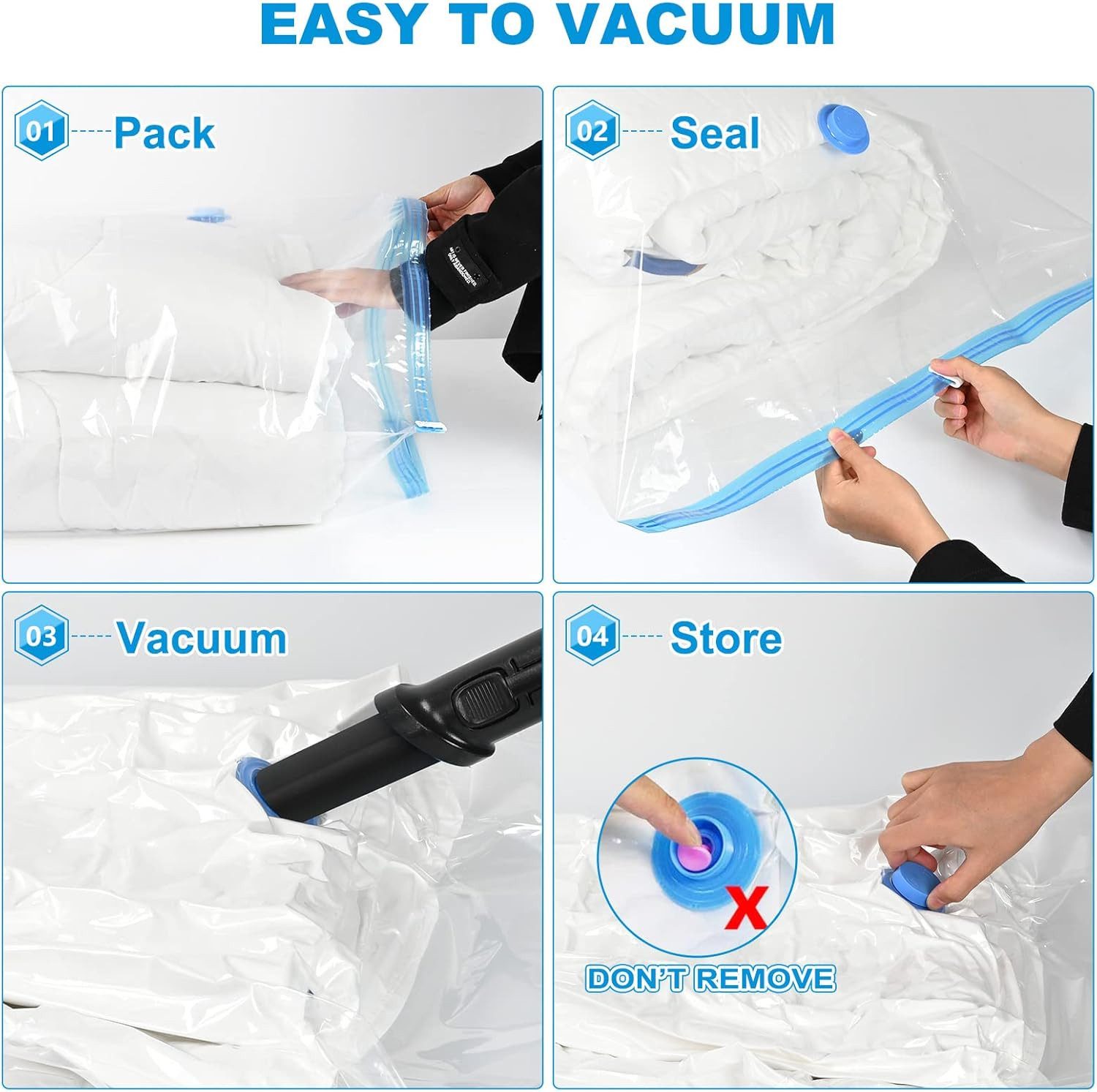 Refined Living Vakuumbehälter Vakuumbeutel 6 Stück – Aufbewahrungsbeutel für Kleidung & Bettwäsche, Kunststoff, (Vakuumbeutel Aufbewahrung, Staubsauger Beutel Kleidung, Luftdichte Aufbewahrung Tasche, Vakuum-Kleiderbeutel Stauraum, Vakuumbeutel Set, Kompressionsbeutel für Reisen, Vakuum Beutel für Bettwäsche, Platzsparend, wiederverwendbar, Staubdicht, 6-tlg., wasserdicht,luftdicht versiegelt,mit Handpumpe & Verschlussclip), für Kleidung Bettdecken Bettwäsche Plüschtiere Kissen Wolldecken Quilt