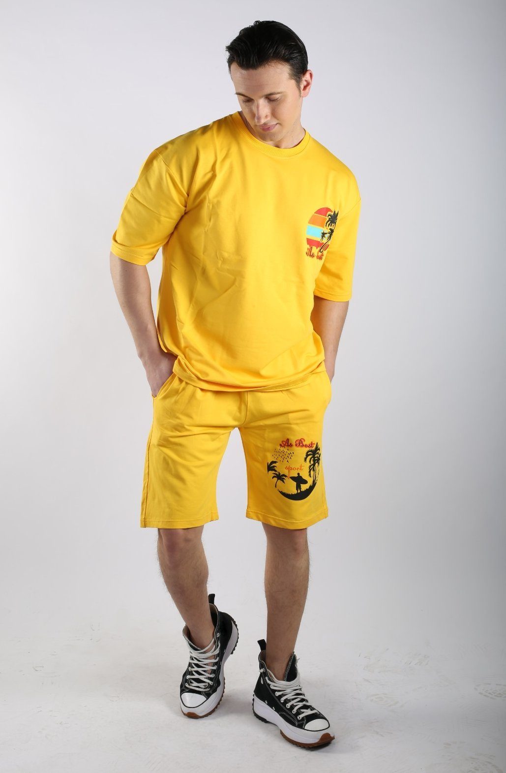 ALGINOO T-Shirt & + Short) T-Shirt Shorts (Set, Gelb & T-Shirt Shorts