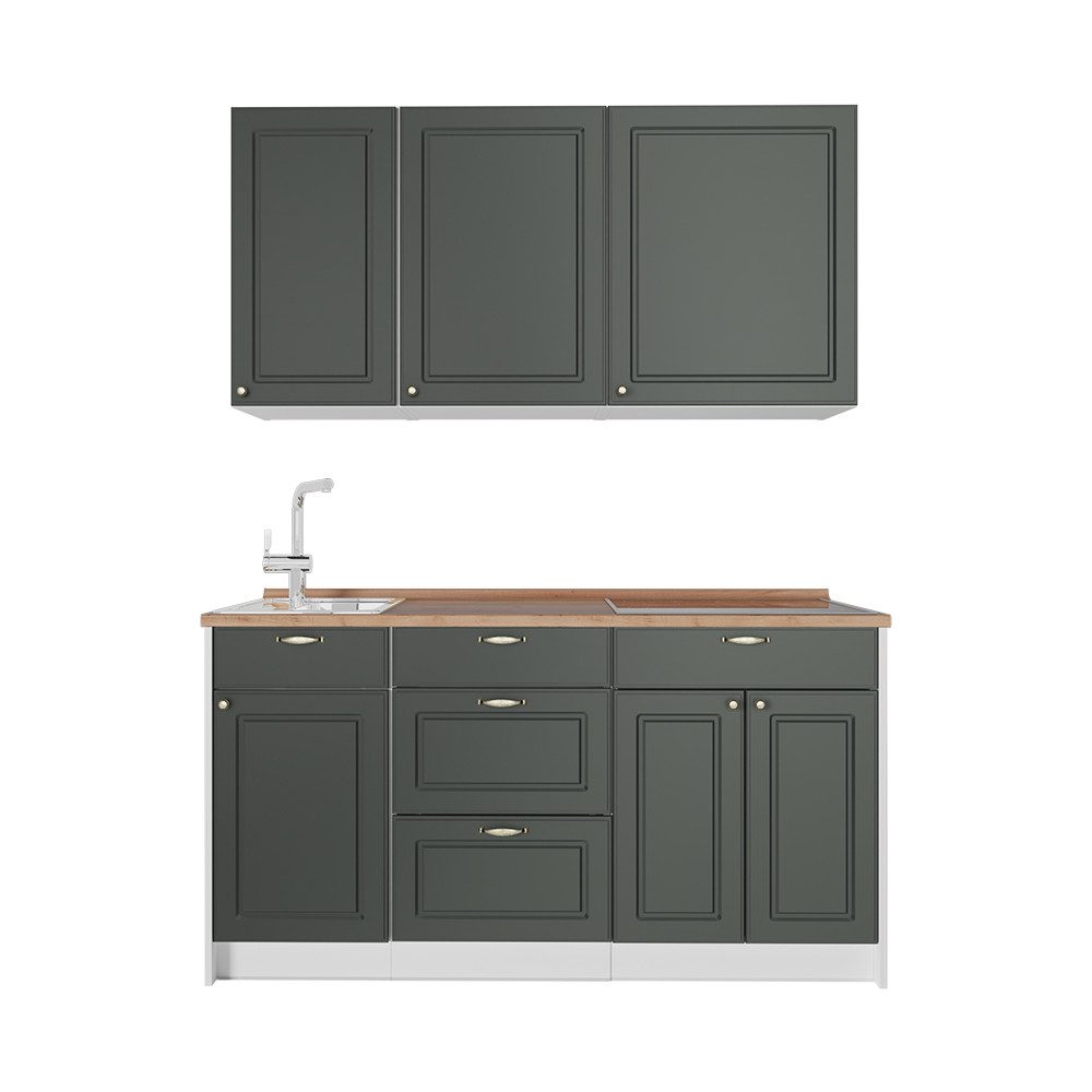 Vicco Küchenzeile Fame-Line, Grün-Gold Landhaus/Weiß, 150 cm, AP Eiche