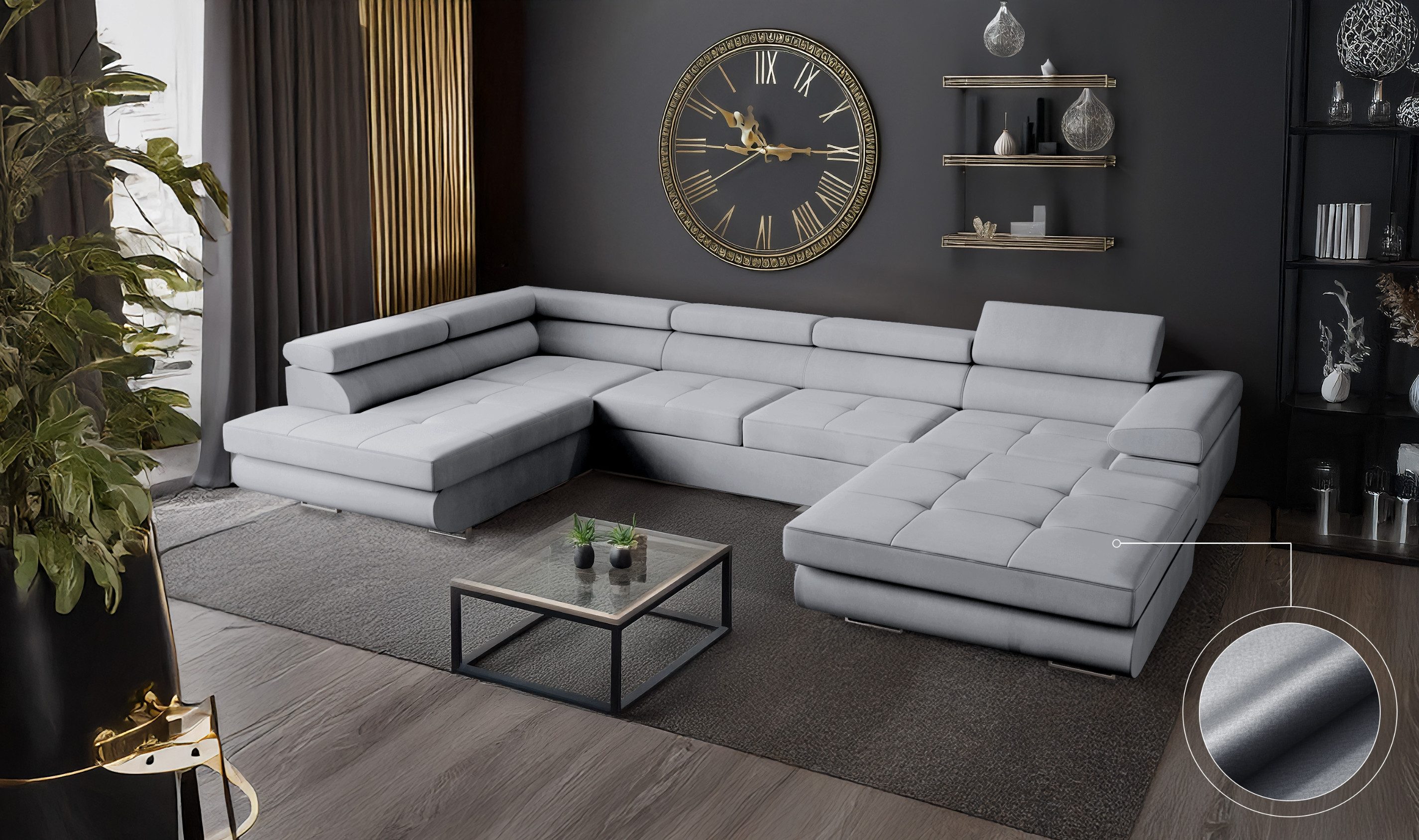 Goldstoff Wohnlandschaft mit Schlaffunktion, Couch für Wohnzimmer - Schlafs günstig online kaufen