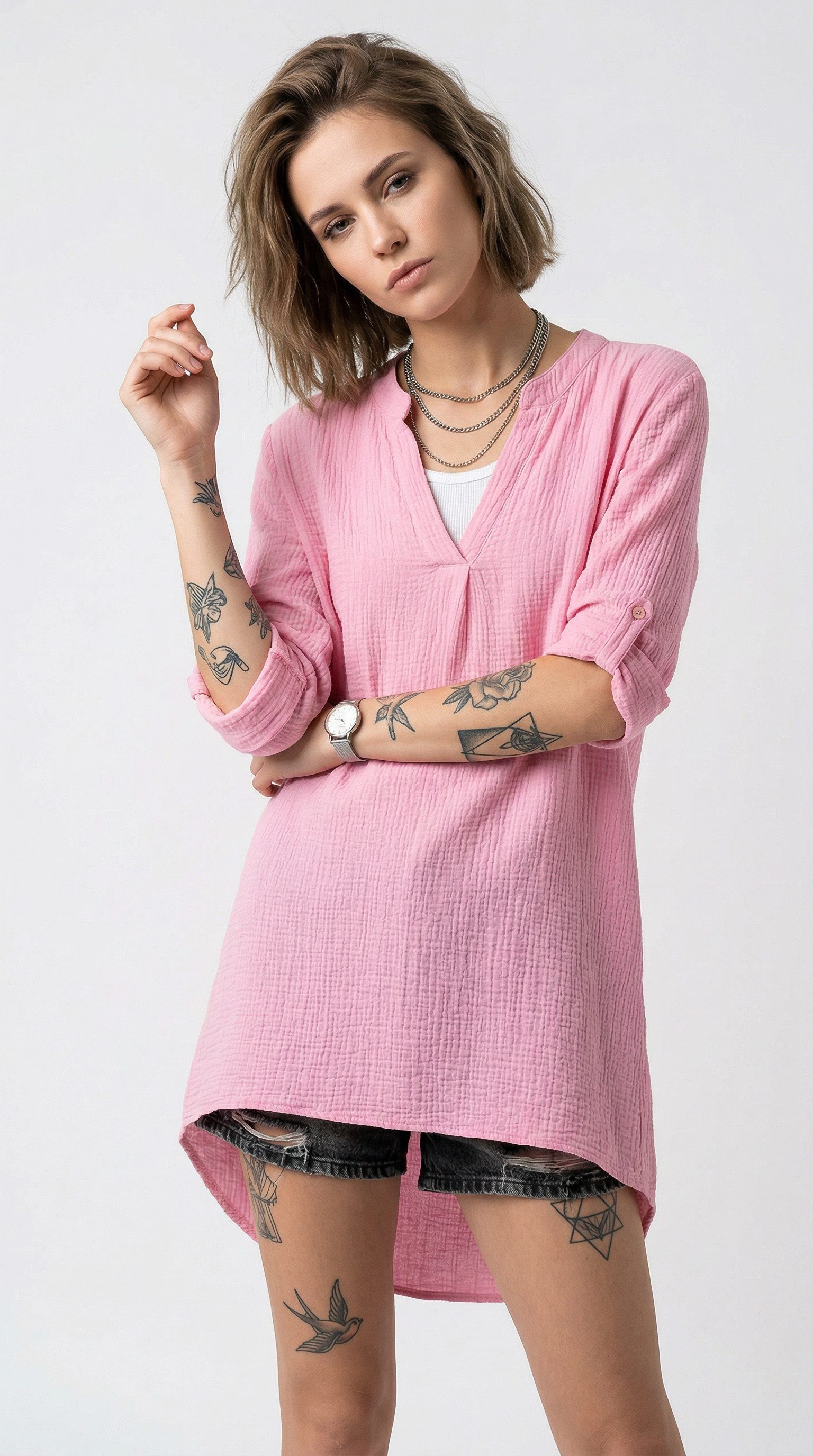 Zwillingsherz Schlupfbluse "Rom" verlängerte Rückenpartie, V-Neck, Turn-Up Ärmel, Musselin