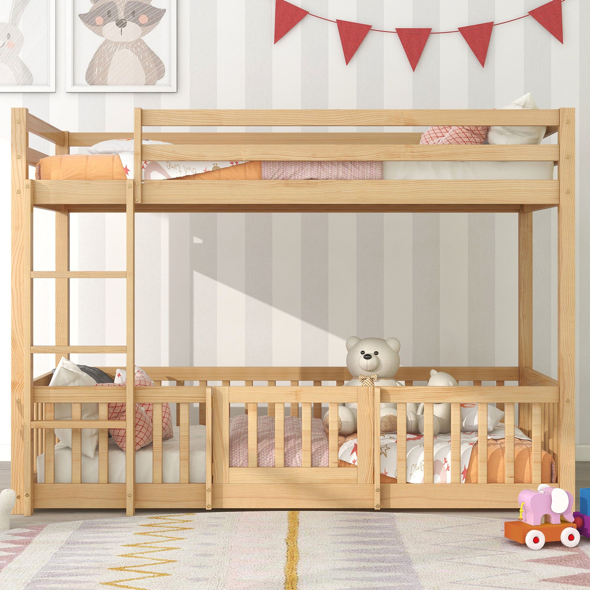 SOFTWEARY Etagenbett mit 2 natur (90x200 cm), Kinderbett mit Rollrost und Kiefer Schlafgelegenheiten Rausfallschutz