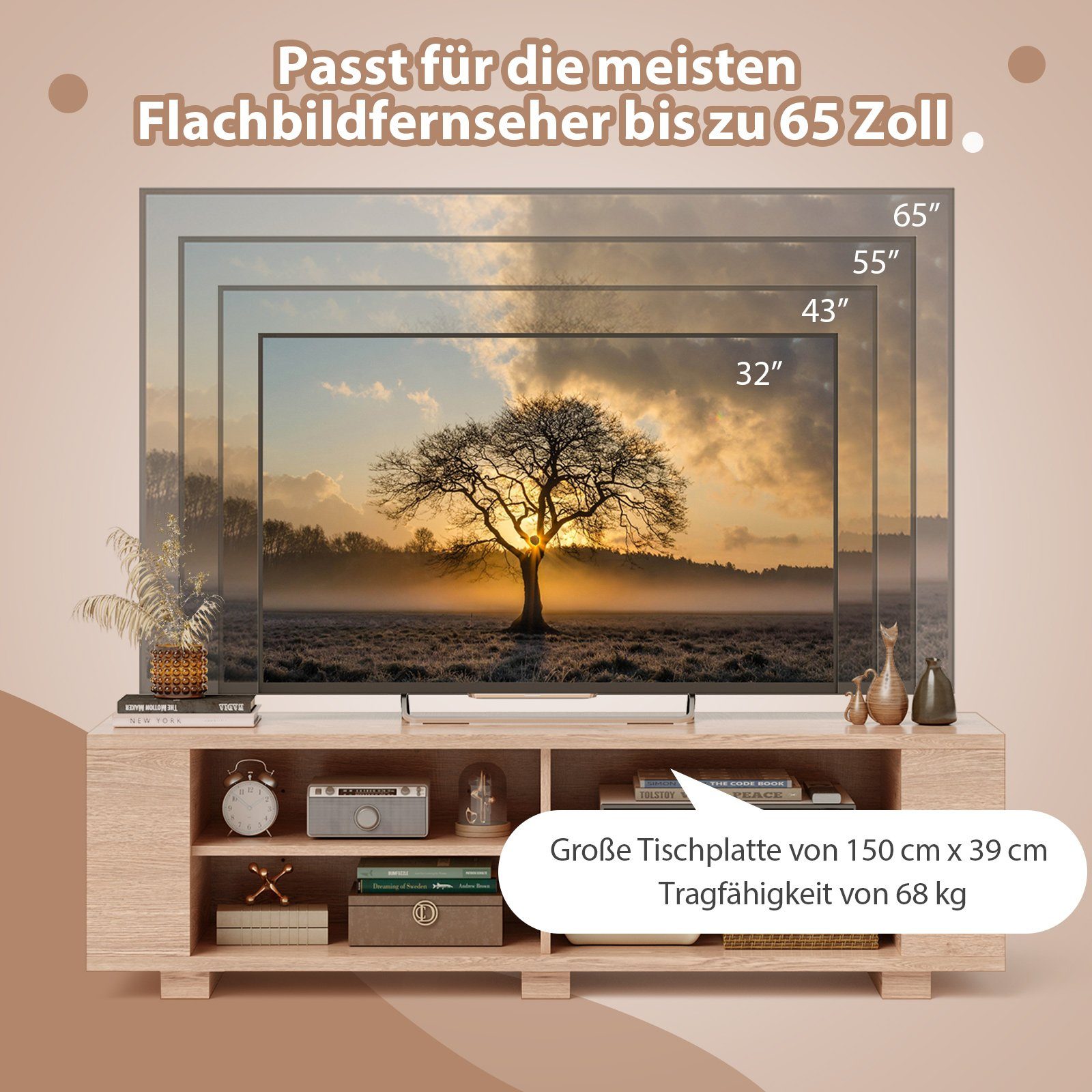 mit offenen TV-Schrank 150cm Natur Holz, Fächern, verstellbaren Regalen, COSTWAY 8