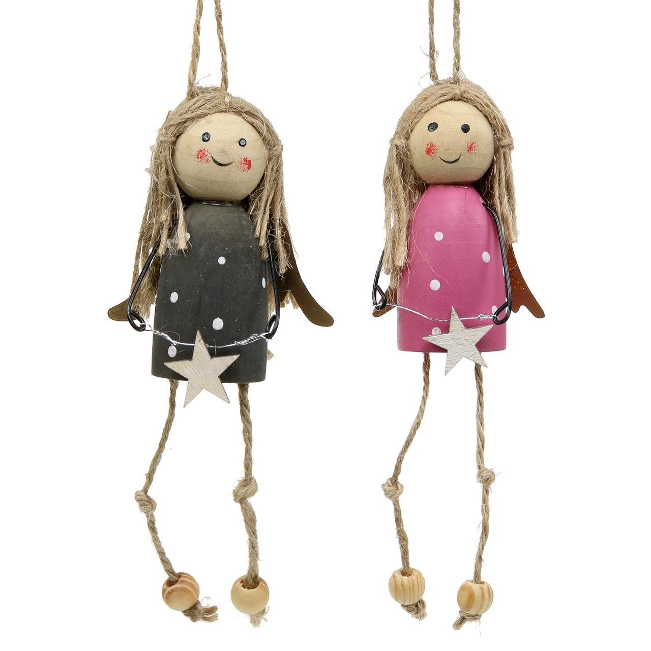 Christbaumschmuck Holzengel zum Aufhängen Grau Pink, Weihnachtsdeko, 7,5cm, 6 Stück