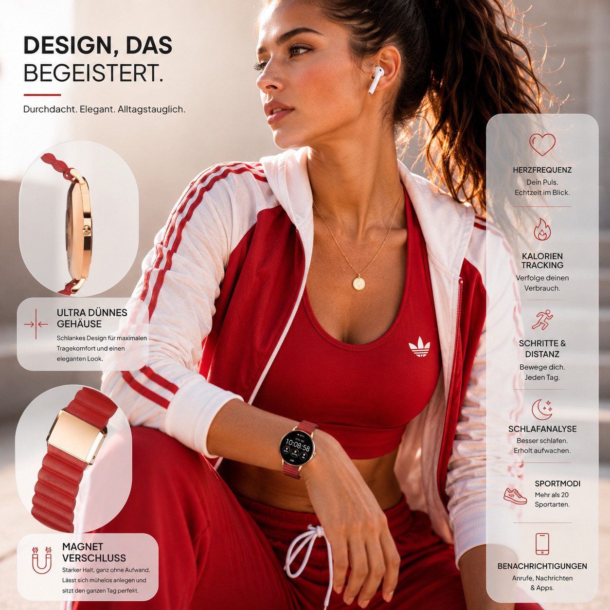 XCOAST SIONA 2 - ultraflache Damen Smartwatch (4,2 cm/1,3 Zoll, iOSAndroid) Kaminrot, Fitness Tracker, AMOLED, 1-tlg., 7 Tage Akku, Blutdruck, Wasserdicht, Puls, Blutdruck, AMOLED Display