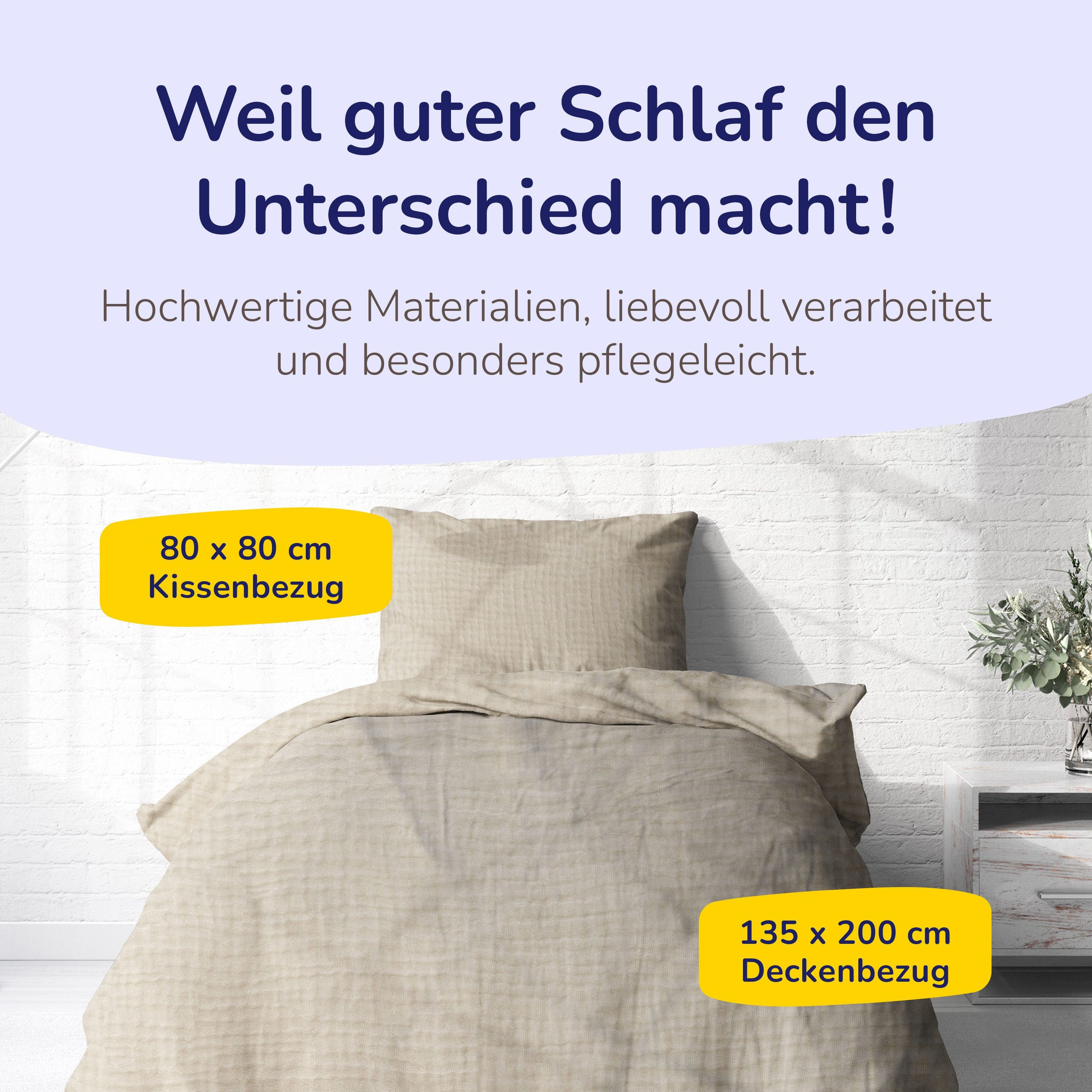 Träumschön Bettwäsche Musselin Set aus Baumwolle 135x200 cm oder 155x220 cm, Uni beige, Musselin, 2 teilig, 100% Baumwolle, Reißverschluss, weich, atmungsaktiv und hypoallergen